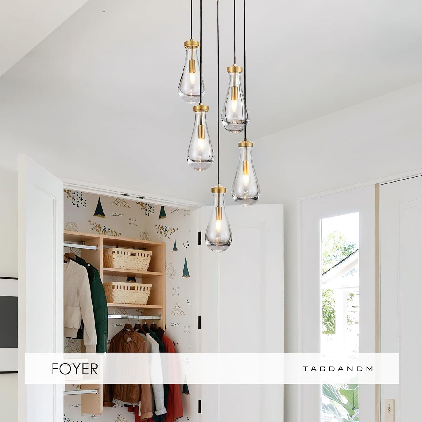 5-Light Raindrop Pendant Light Fixtures, Brass Glass Pendant Lighting, Teardrops Modern Hanging Light for Entryway Foyer Kitchen Island Dining Living Room Hallway