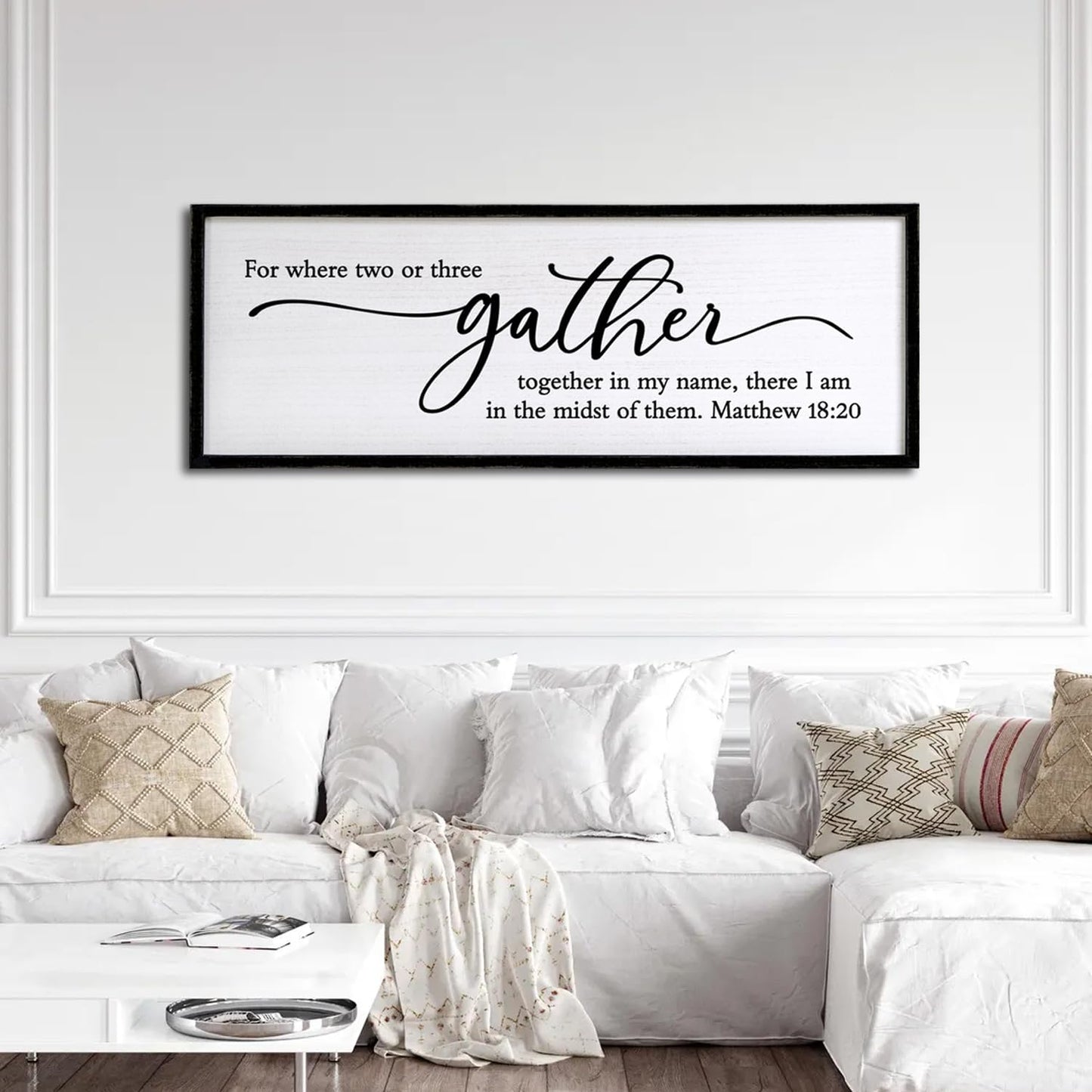 For Where Two or Three Gather in My Name, There I am in the Midst of Them Bible Verse Framed Wall Art, 40''×15'' Rustic Religious Christian Matthew 18:20 Sign, Inspirational Catholic Scripture Decor