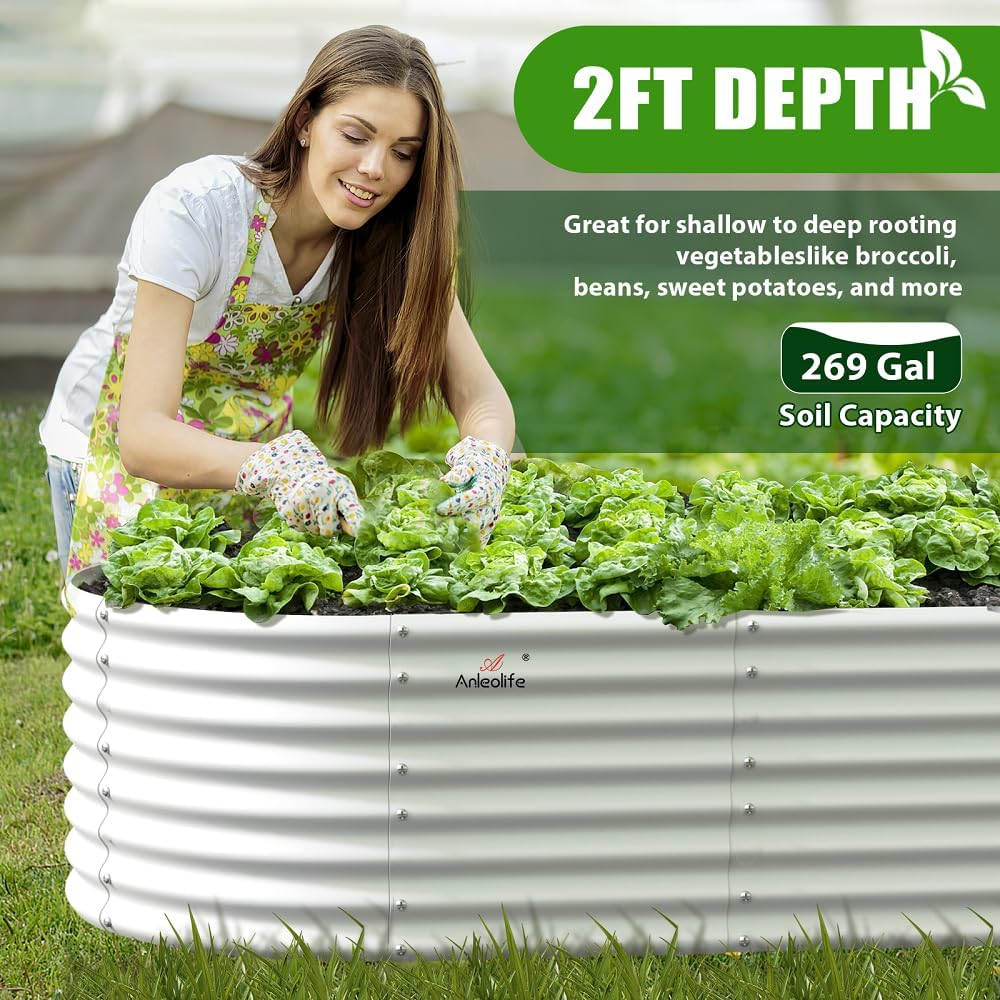 A ANLEOLIFE 6X3X2 ft Galvanized Raised Garden Beds Outdoor-4 Pack, Oval Large Metal Deep Root Planter Box for Planting Vegetables Flowers Herb, Anti-Rust & Easy-Setup, Antique White