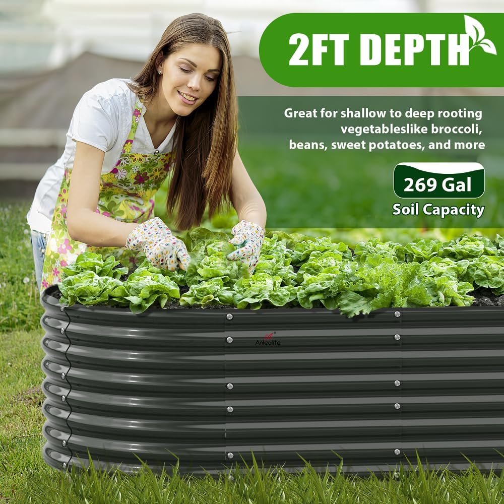 A ANLEOLIFE 6X3X2 ft Galvanized Raised Garden Beds Outdoor-8 Pack, Oval Large Metal Deep Root Planter Box for Planting Vegetables Flowers Herb, Anti-Rust & Easy-Setup, Quartz Grey