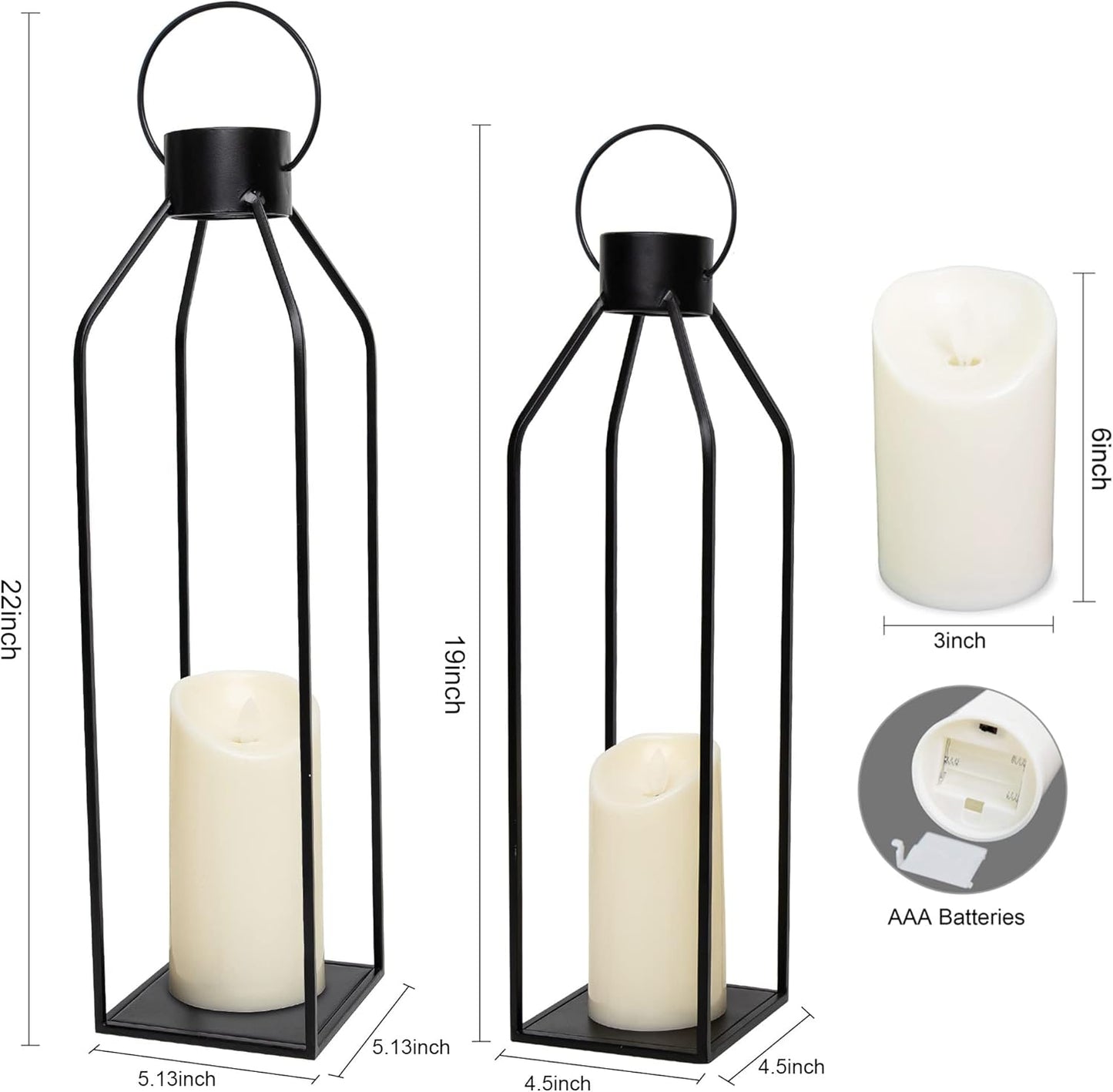 HPC Decor 22'' 19'' Lanterns Decorative w/ Flickering Timer Candles- Large Tall Black Metal Candle Lanterns Set of 2- Modern Farmhouse Decor for Indoor,Outdoor,Tabletop,Porch (No Glass)