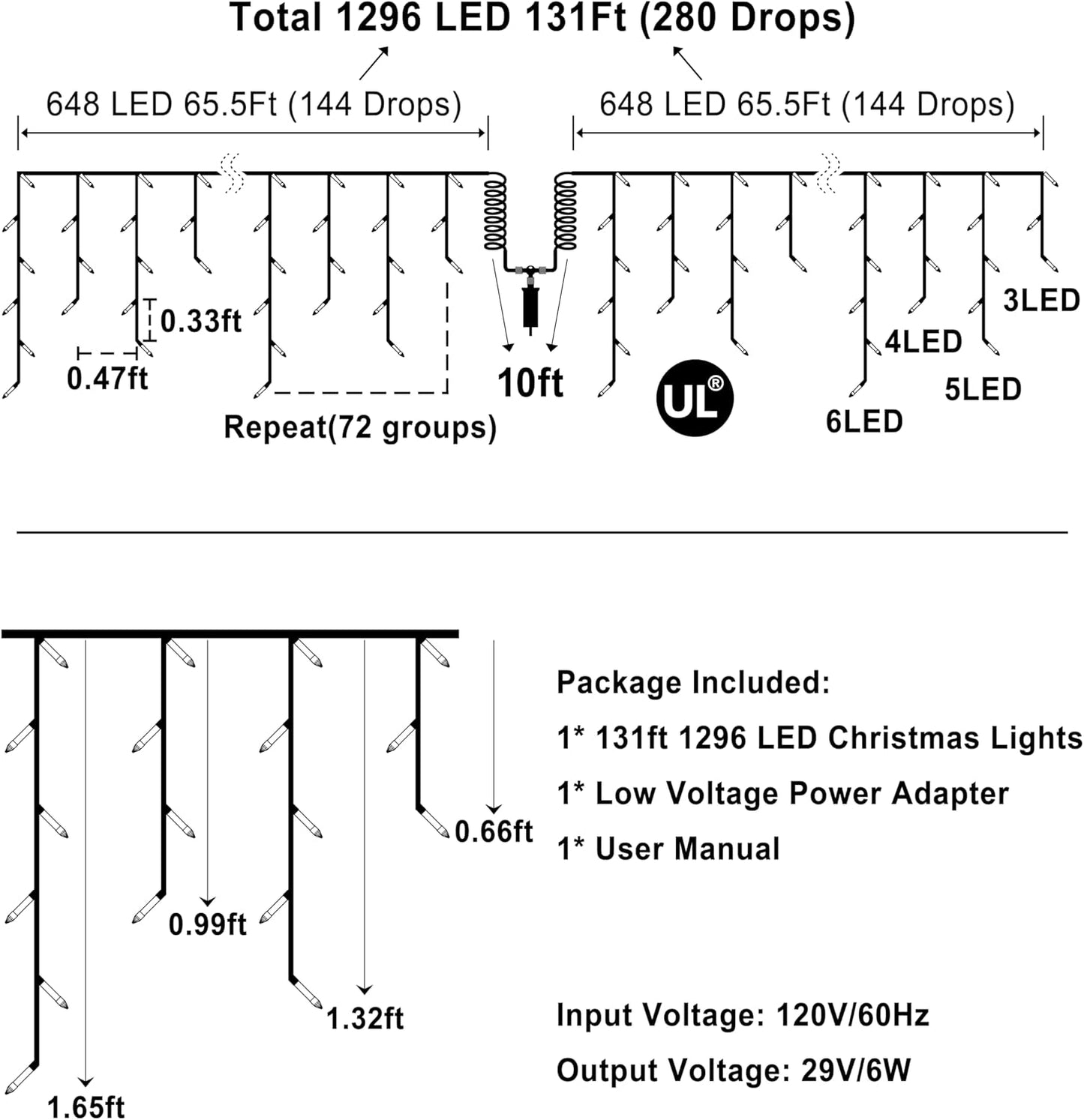 1296LED Christmas Lights with 288 Drops, 131ft 8 Modes Christmas String Lights Outdoor, Waterproof Christmas Decorations Fairy Lights with Timer Memory for Xmas Party Patio Window Fence Tree Blue