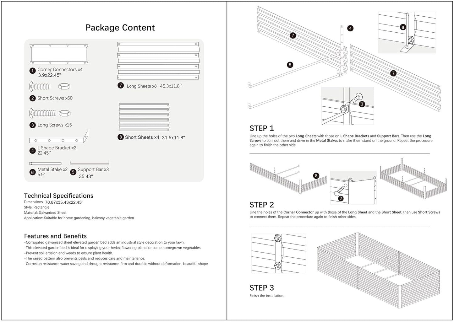 8x3x2FT Metal Raised Garden Bed Kit, Galvanized Outdoor Garden Bed Planter Box for Vegetables, Flowers, Herbs, Succulents and More, Black