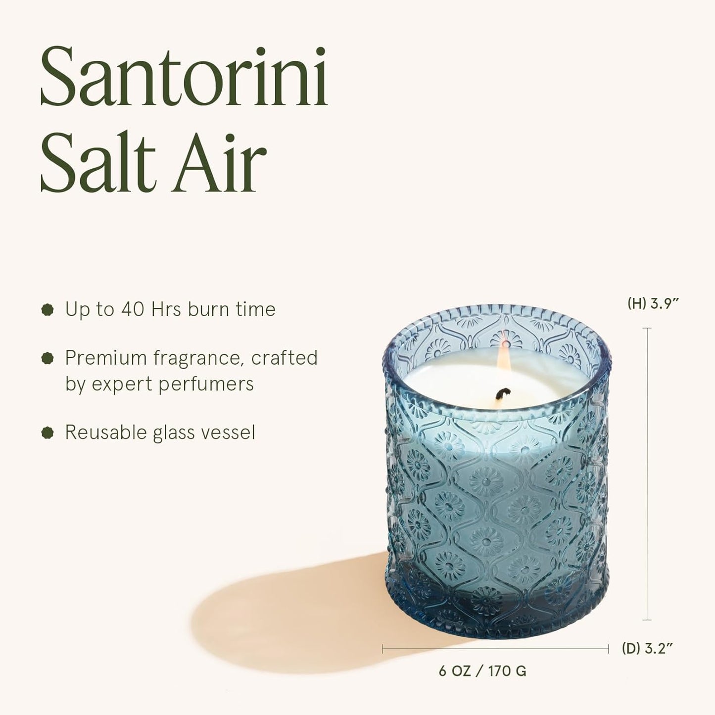 LA JOLIE MUSE Santorini Salt Air Candle - Bergamot, Sea Daffodil, Sandalwood | 6 oz Natural Soy Wax | 40 Hours Clean Burn | Ocean Scented Candle | Gift-Ready for Hosts & Gatherings
