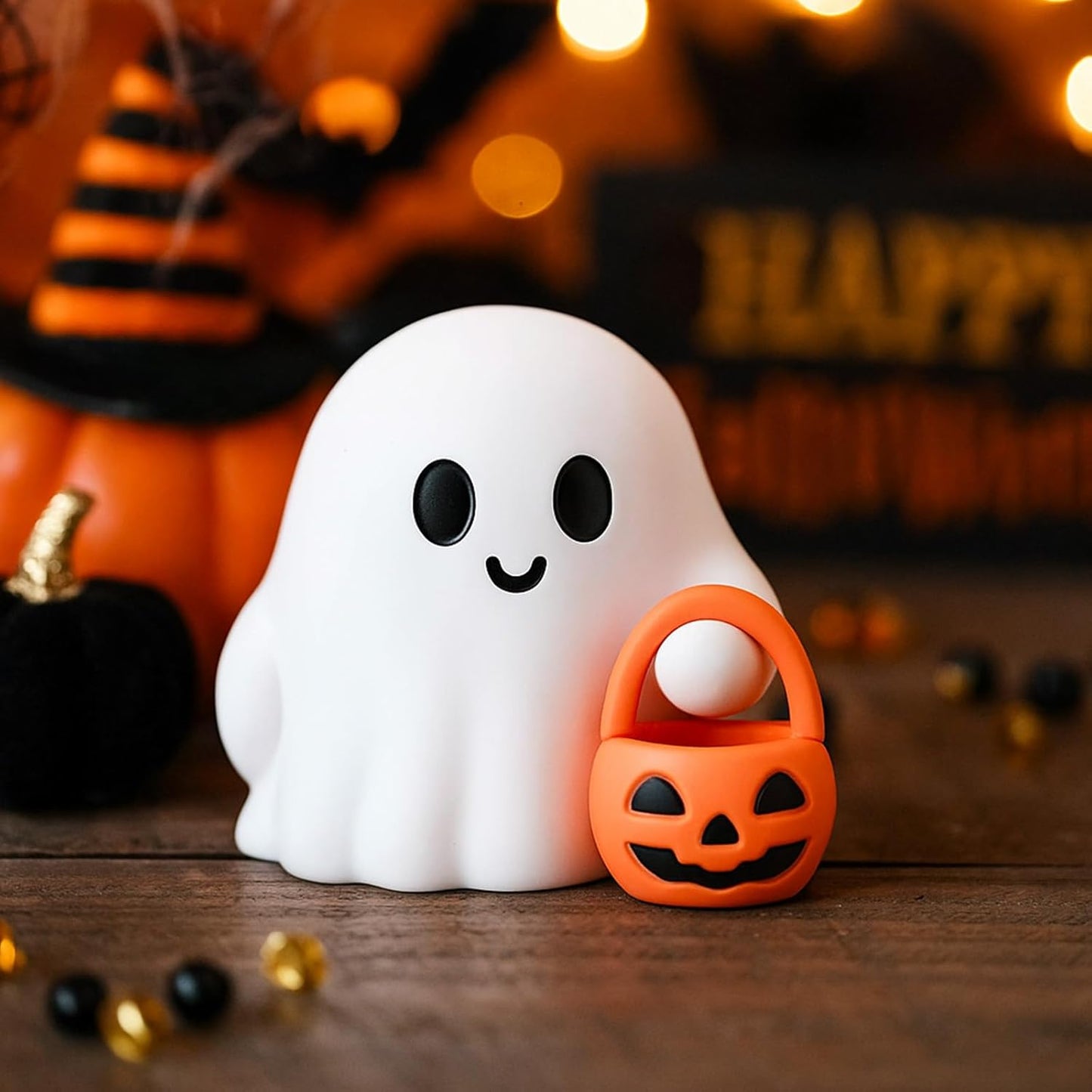 2 Pcs Halloween Ghost Figurine Cartoon Cute Spooky Carrying Pumpkin Basket Desk Display Ornament Tiny Trick or Treat Ghost Resin Halloween Statue for Home and Office Tabletop Decor Supplies
