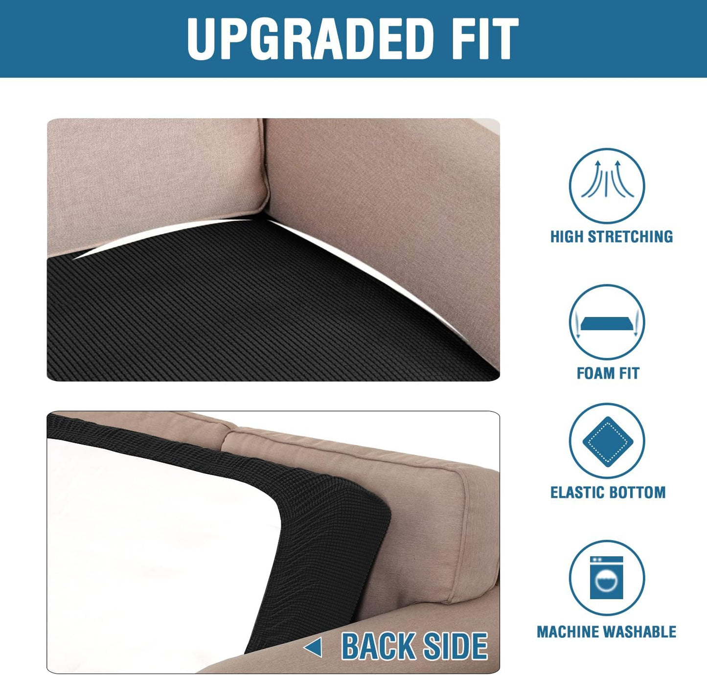 H.VERSAILTEX Super Stretch Individual Seat Cushion Covers Sofa Covers Couch Cushion Covers Slipcover Sets Thick Jacquard Textured Twill Fabric (1 Piece Loveseat Cushion Cover, Black)