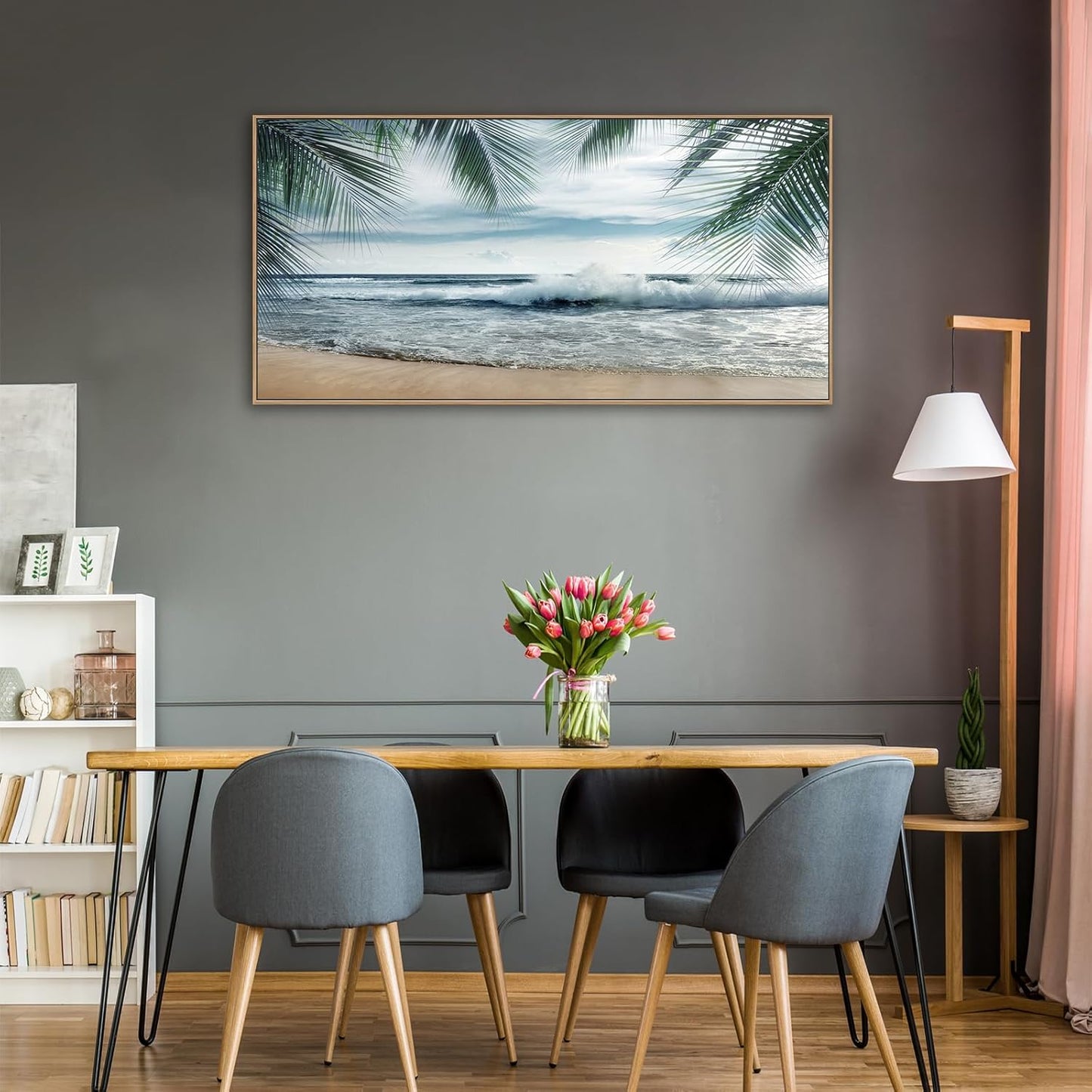 Framed Tropical Beach Wall Art - Ocean Waves Canvas Pictures Coastal Blue Sky and Sea Print Seaside Palm Tree Leaves Scene Painting Artwork Living Room Bedroom Office Home Decor 24" x 48"