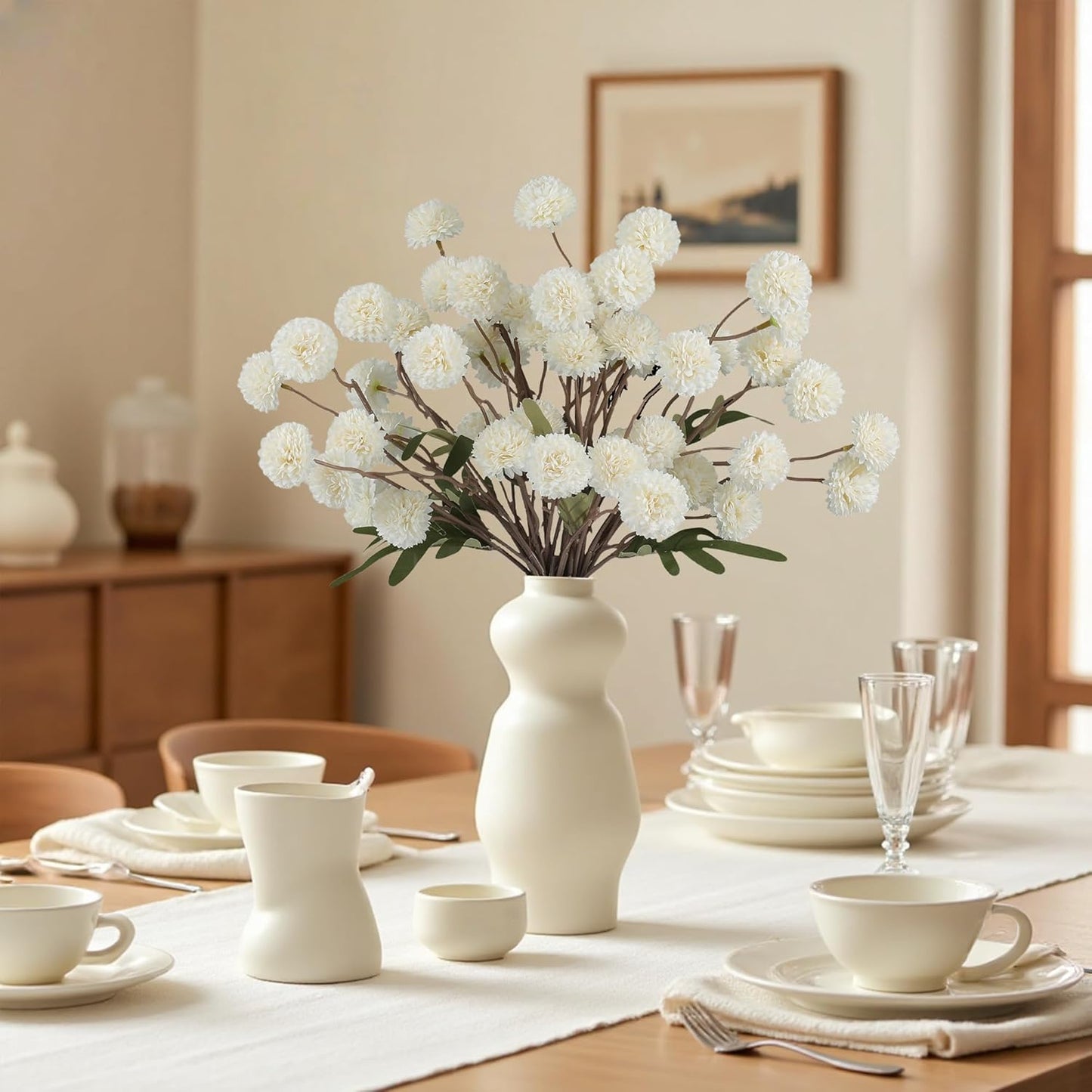 Faux White Kiku Flowers 10 Stems & 2 Eucalyptus, Fake Mums Pompon Flower Ball, Autumn Artificial Chrysanthemums Flowers for Boho Bedroom Decor, Silk Mini Faux Kiku Flower Wedding Arrangements Decor