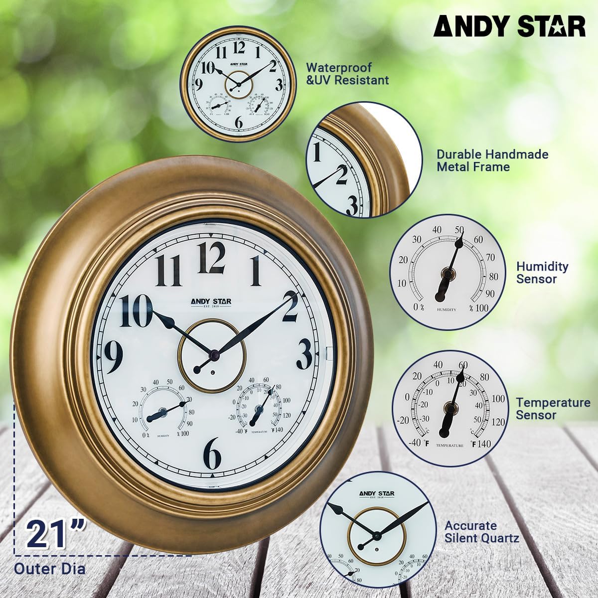 ANDY STAR 21 Inch Outdoor Clocks Waterproof, Large Outdoor Wall Clocks for Patio with Thermometer, Weatherproof Illuminated Clock Battery Operated with Thermometer&Hygrometer, Gold Metal Finish