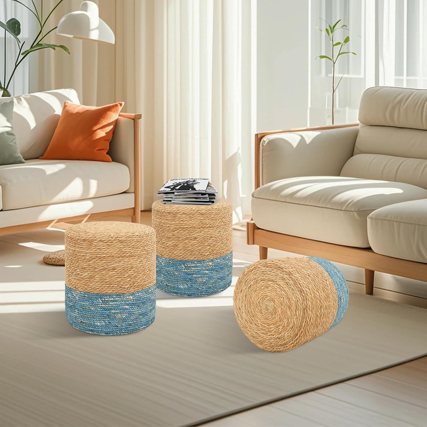 16'' Round Ottoman Natural Seagrass Braided Poof Hand Weaving Round Ottomans Boho Footrest Stool for Home Living Room Bedroom Patio(Natural&Blue)