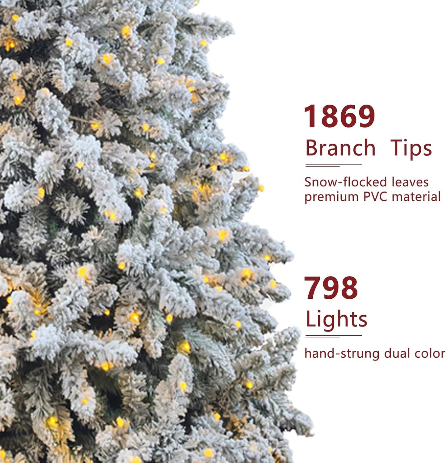 7.5ft Pre-lit Artificial Snow Flocked Christmas Tree with Quick Power Connect, 798 Warm White & Multi-Color LED Lights, and 1869 Branch Tips – Easy 3-Minute Setup Pencil Xmas Tree