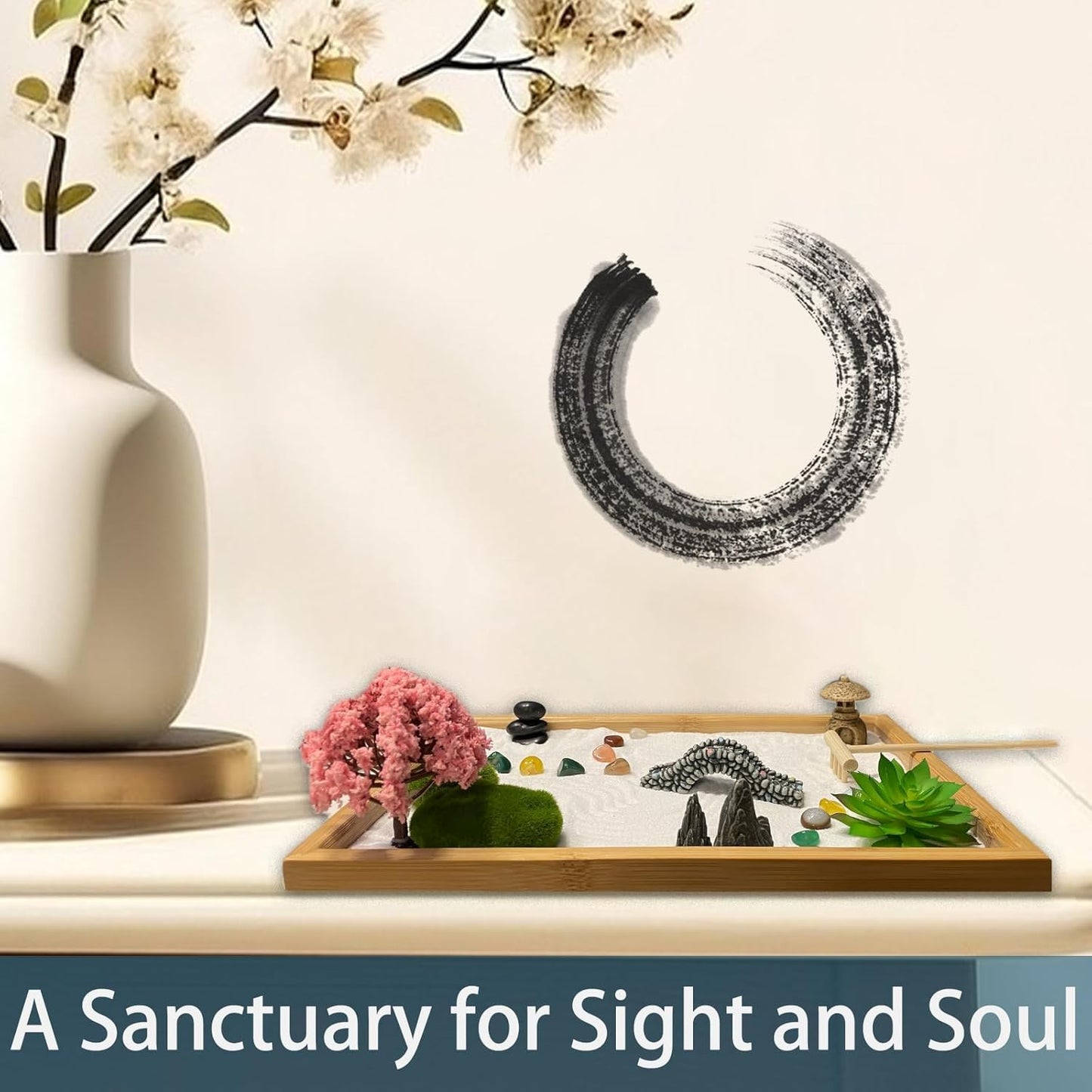 Threeheng Mini Japanese Zen Sand Garden Kit for Desk, Muti-Functional Sand Tray Therapy Kit with Bamboo Tray - Includes Ball Insense Holder Crystals and More for Meditation, Gifts (Bamboo)