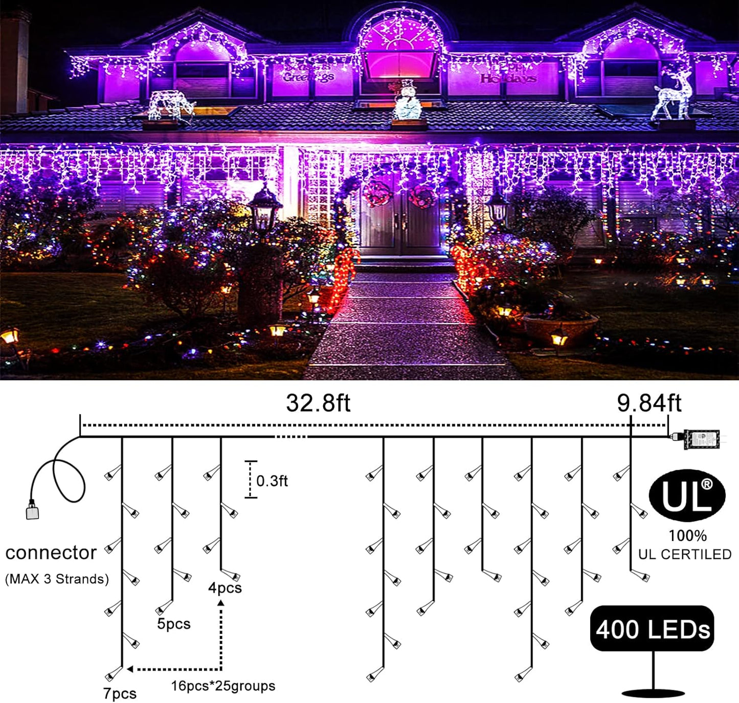 400 LED Purple Halloween Lights Outdoor, 33ft Icicle Lights for Outside with 75 Drops, Waterproof Christmas Icicle Light Plug in for Indoor Outside Party Holiday Christmas Halloween Decorations