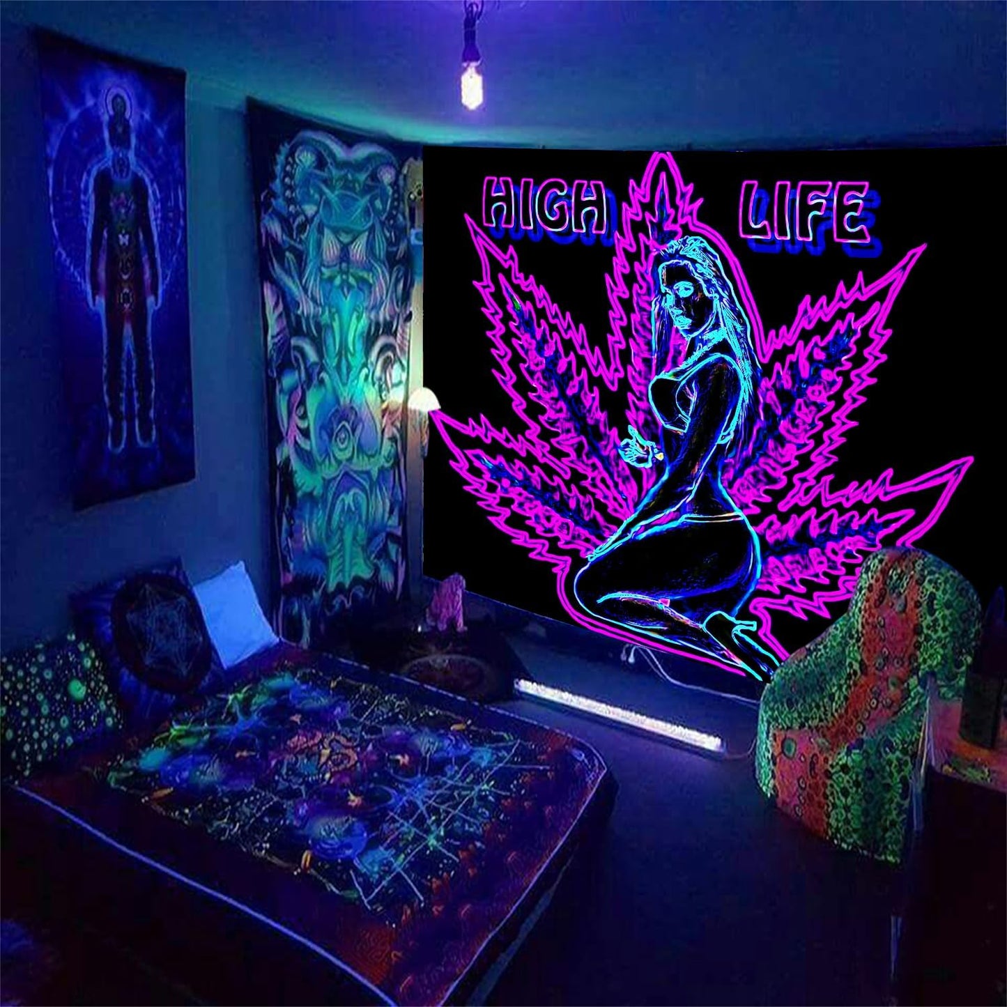 ADDWel Blacklight Tapestry for Bedroom, Tapestry Glow In The Dark, UV Reactive Black Light Posters Wall Hanging for Bedroom Dorm Living Room Backdrop Decor