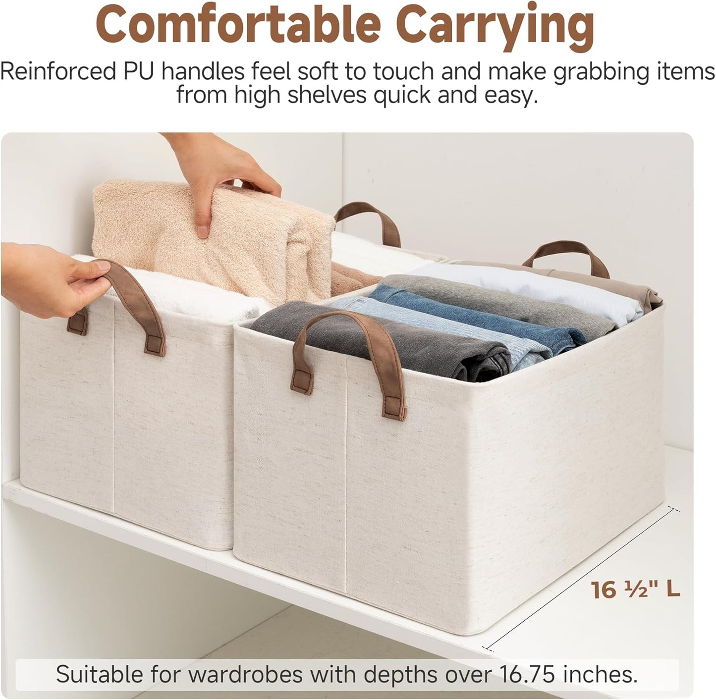 StorageWorks Storage Bins, Shelves Baskets for Organizing, Large Fabric Closet Organizers with Handles, Metal Frame, Beige(Cotton-linen), 2-Pack