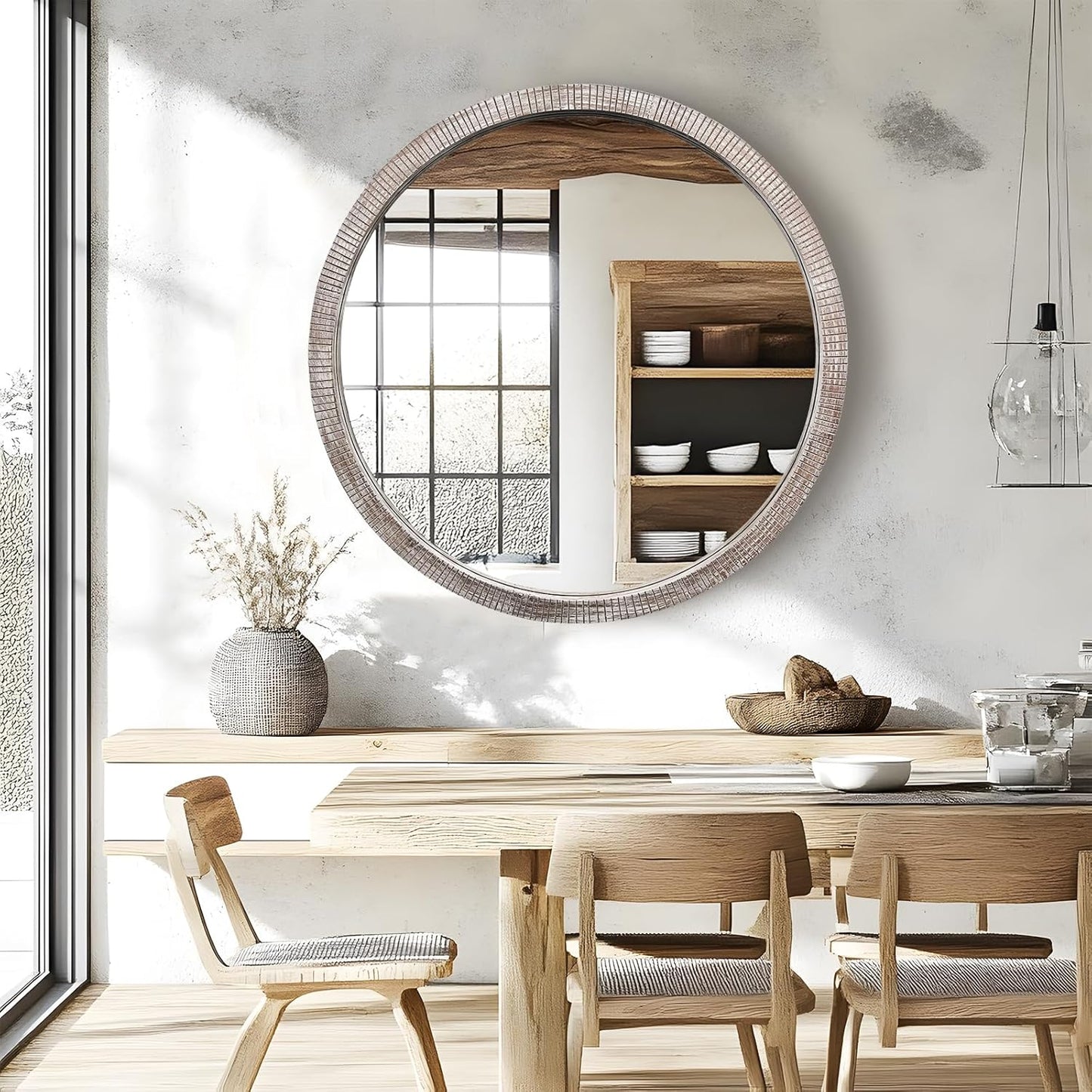 35" Round Wood Mirror, Large Wooden Round Mirror, Wood Round Mirrors for Wall Decor, Rustic Circle Wall Mirrors for Entryway, Living Room, White Washed Frame