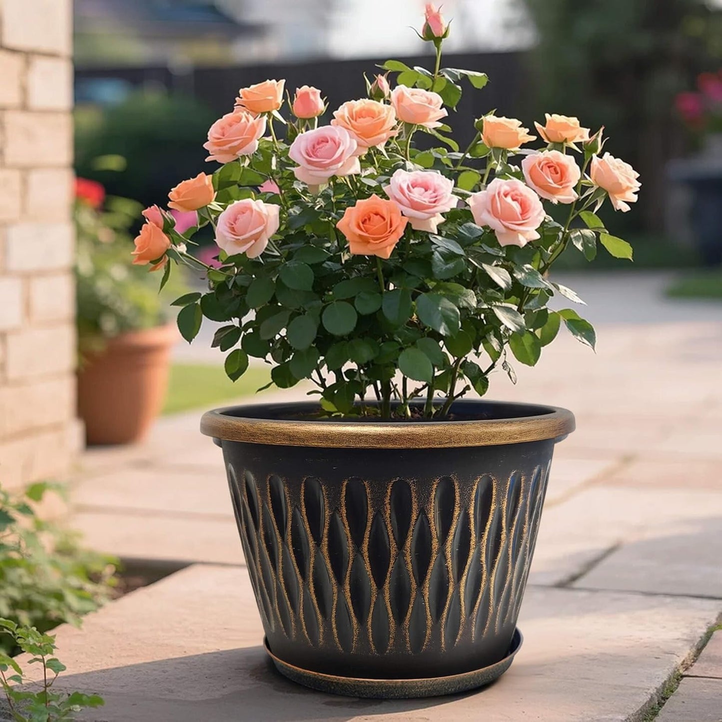 6 Pack 8 Inch Retro Plant Pots, Vintage Striped Flower Pots with Drainage Hole & Saucer, Large Plastic Planters for Indoor and Outdoor Plants, Decorative Garden Pots(Gold)