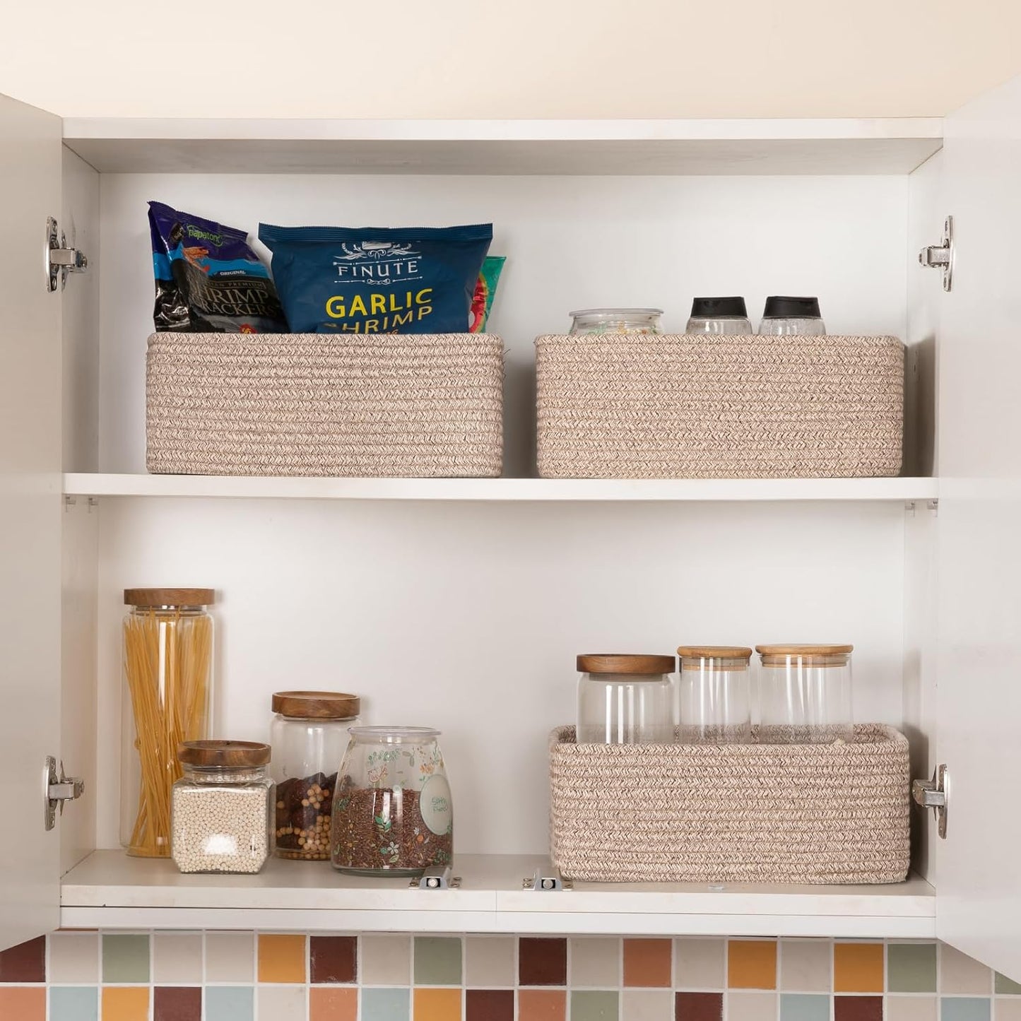 3 Pack Small Storage Baskets for Organizing, Cute Woven Decorative Gift Baskets for Shelves, Mini Closet Organizer Bins with Handles-13''Lx8.66''Wx5.11''H-Brown