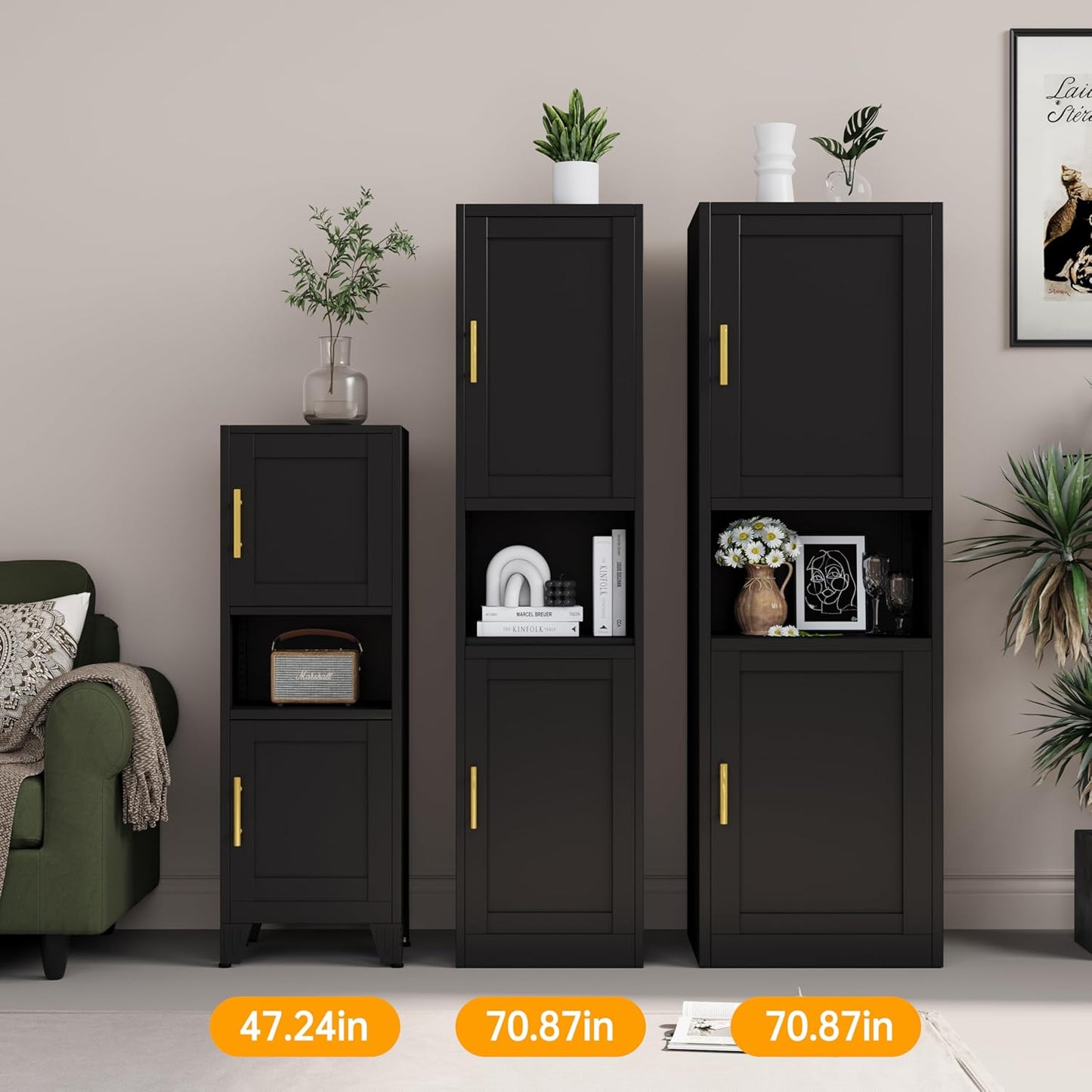 47.24" H Metal Narrow Bathroom Storage Cabinet Pantry Storage Cabinet, 2 Adjustable Shelves for Kitchen, Home Office, Living Room, Dinning Room (Black)