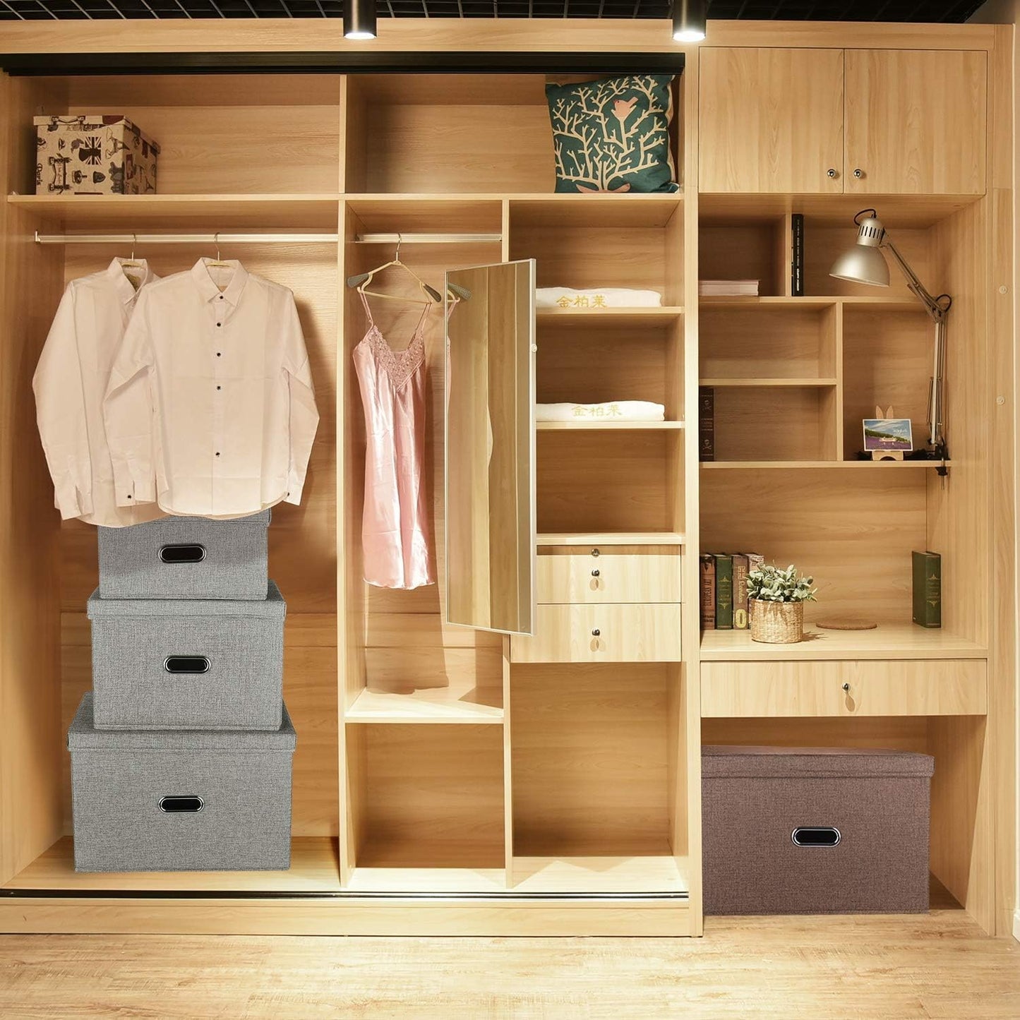 Large Linen Collapsible Storage Bins with Removable Lids and Handles, Washable Storage Box Containers Baskets Cube with Cover for Bedroom,Closet,Office,Living Room,Nursery (Grey, Large)