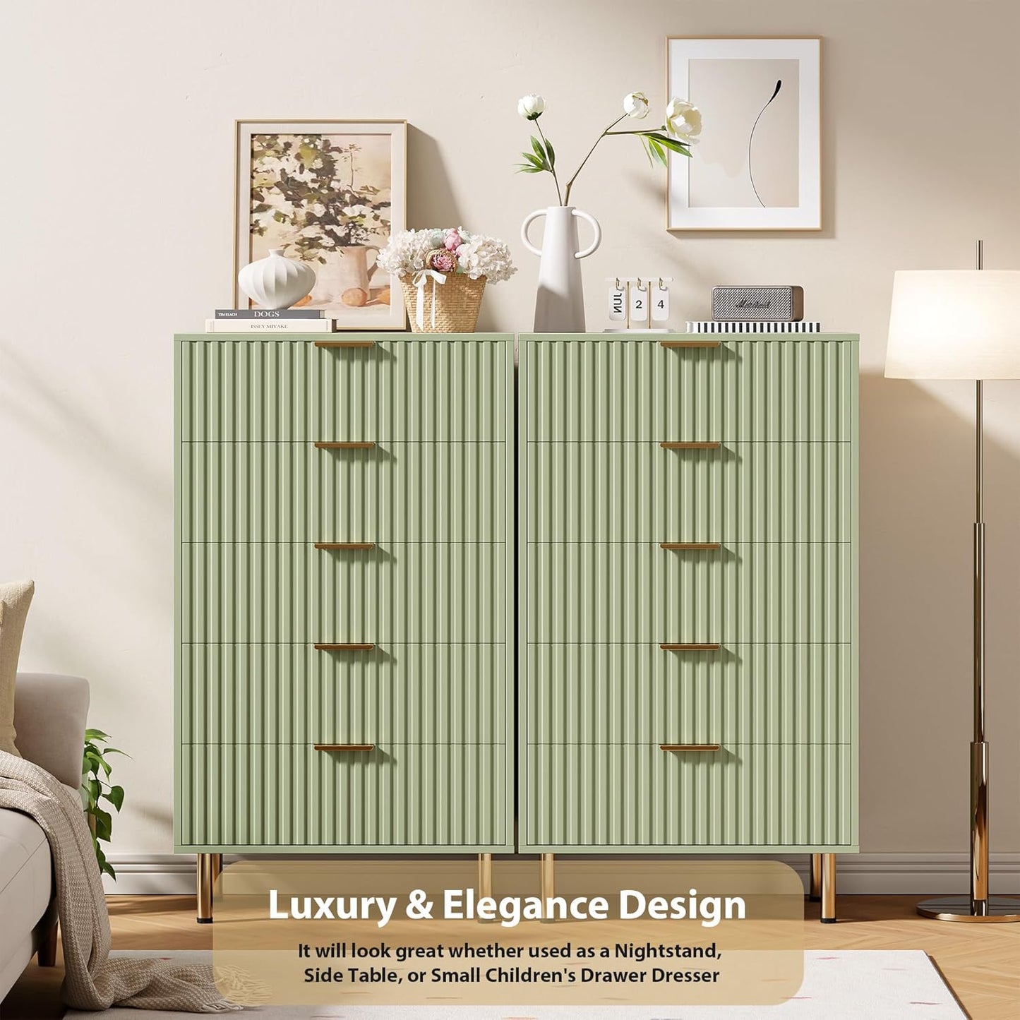 5 Drawer Dresser for Bedroom, 47.2" Tall Modern Chest of Drawers with Deep Drawers and Wide Top, Fluted Wooden Dresser Organizer for Living Room, Hallway, Kids Room, Green