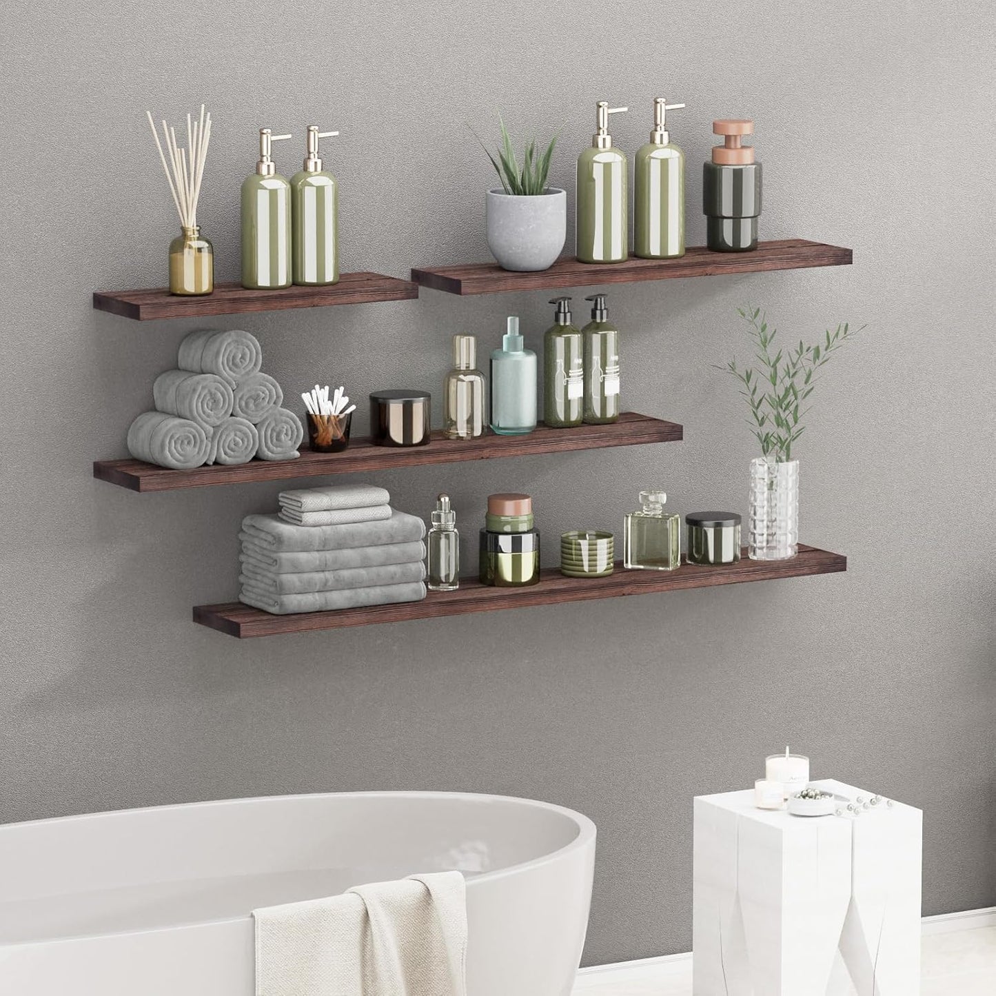 SAUMONIERES Floating Shelves 8 Inch Deep Solid Wood Wide Wall Shelf Set of 2 Wall Mounted for Bedroom Bathroom Living Room Kitchen, 24 Inch Walnut