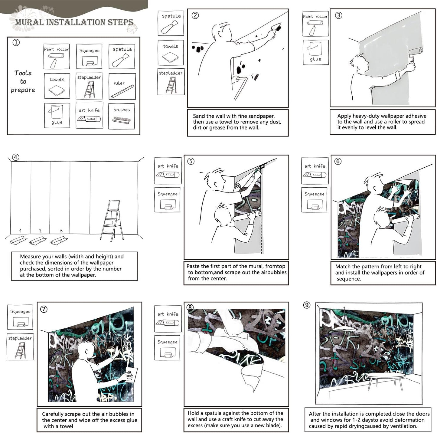 AFZEVEB-Black and White Art Graffiti Wallpaper Wall murals for Bathroom 136"x96" (Not Peel and Stick)