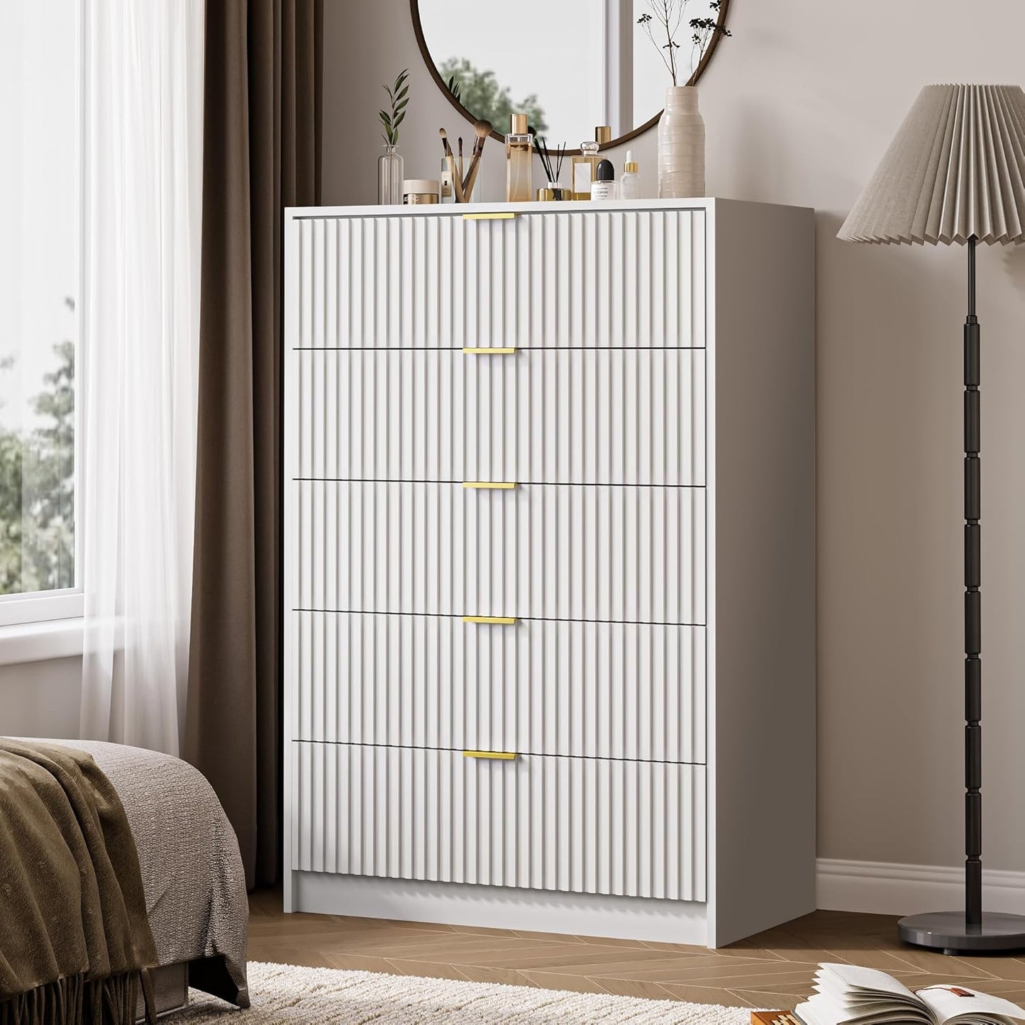 5 Drawer Dresser for Bedroom, Tall Dresser Chest of Drawers with Gold Handles, 32 Inch Wide Nightstand with for Bedroom, Living Rooms, Offices, and Entryways, White