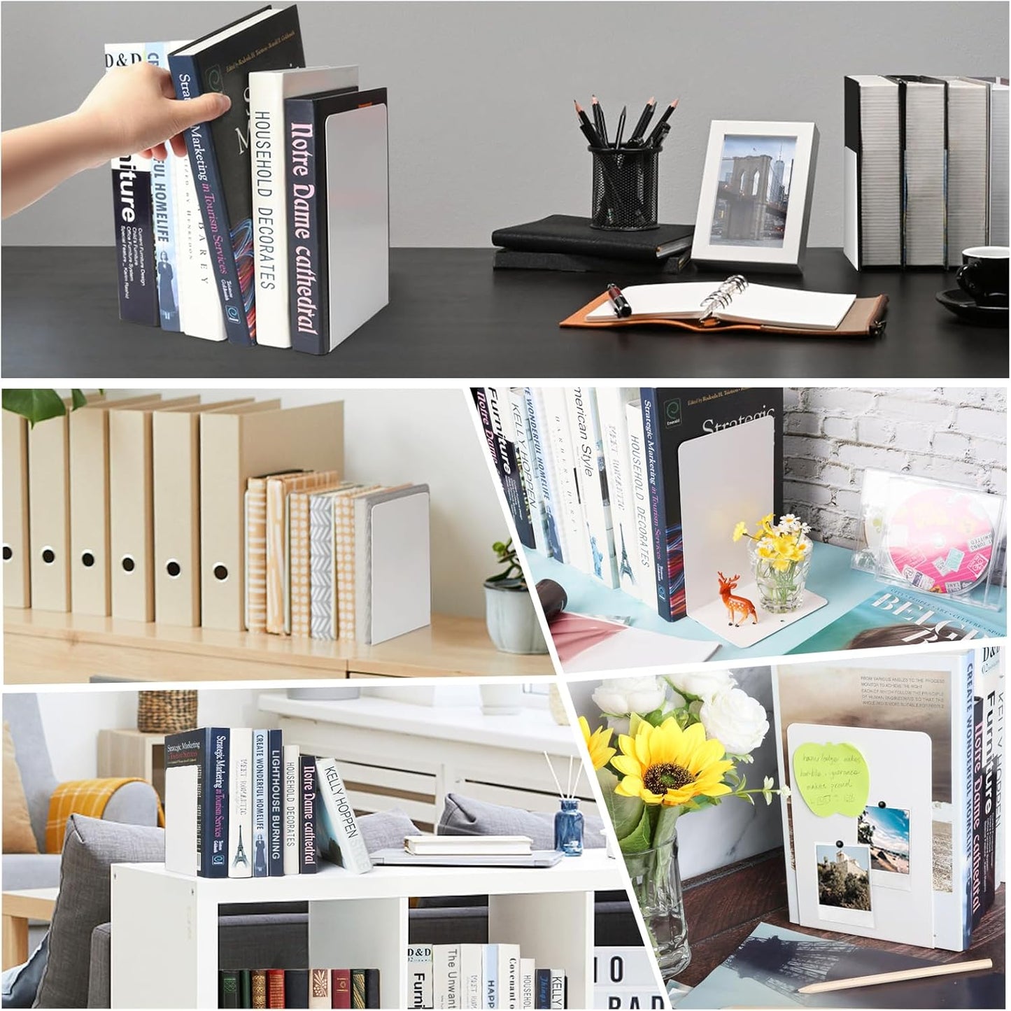 VONDERSO Metal Bookends White, 2 Pairs Metal Bookends Heavy Duty for Shelves Decor Home Office, Unique White Book Ends Supports Anti-Slip for Kids Girls