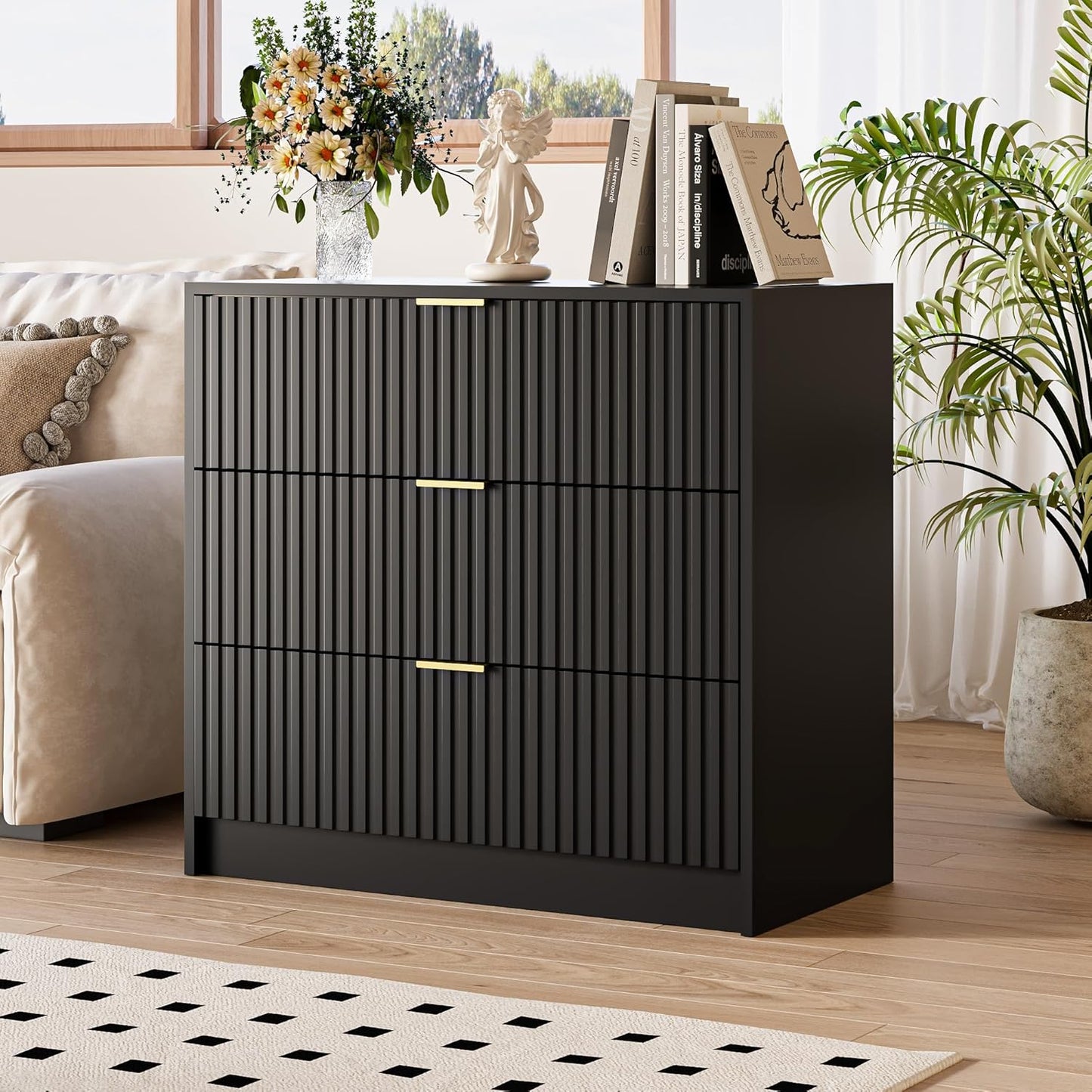 Black Fluted Dresser for Bedroom, 32 Inch Wide Nightstand with Large Drawer, 3 Drawer End Table for Bedroom, Living Rooms, Offices, and Entryways