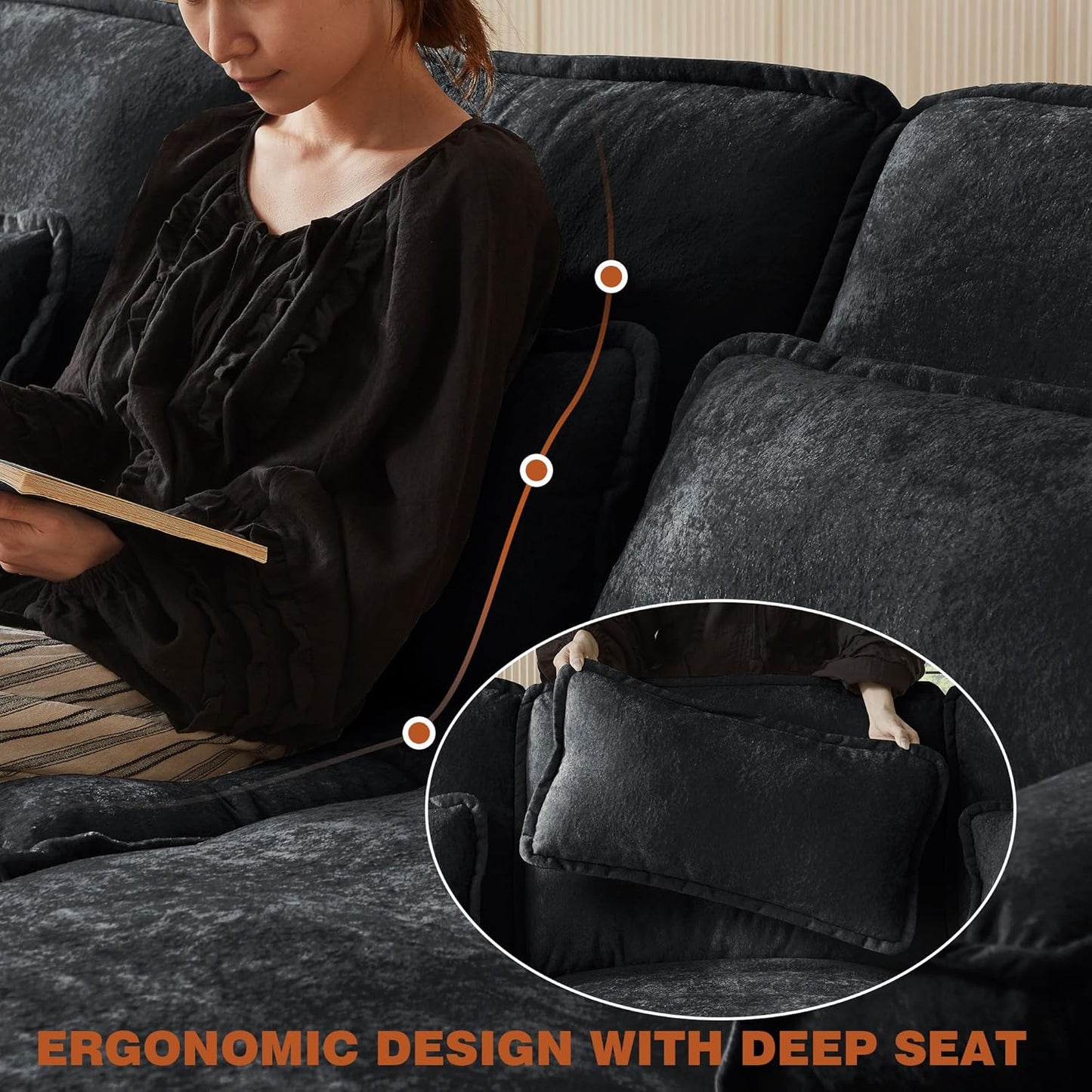 113" Oversized Cloud Couch, U Shape Sectional 4 Seat Sofa with Double Chaises, 2 Layer Cusions, Deep Seat Comfy Sofa, Upholstery Chenille Fabric for Living Room, Black