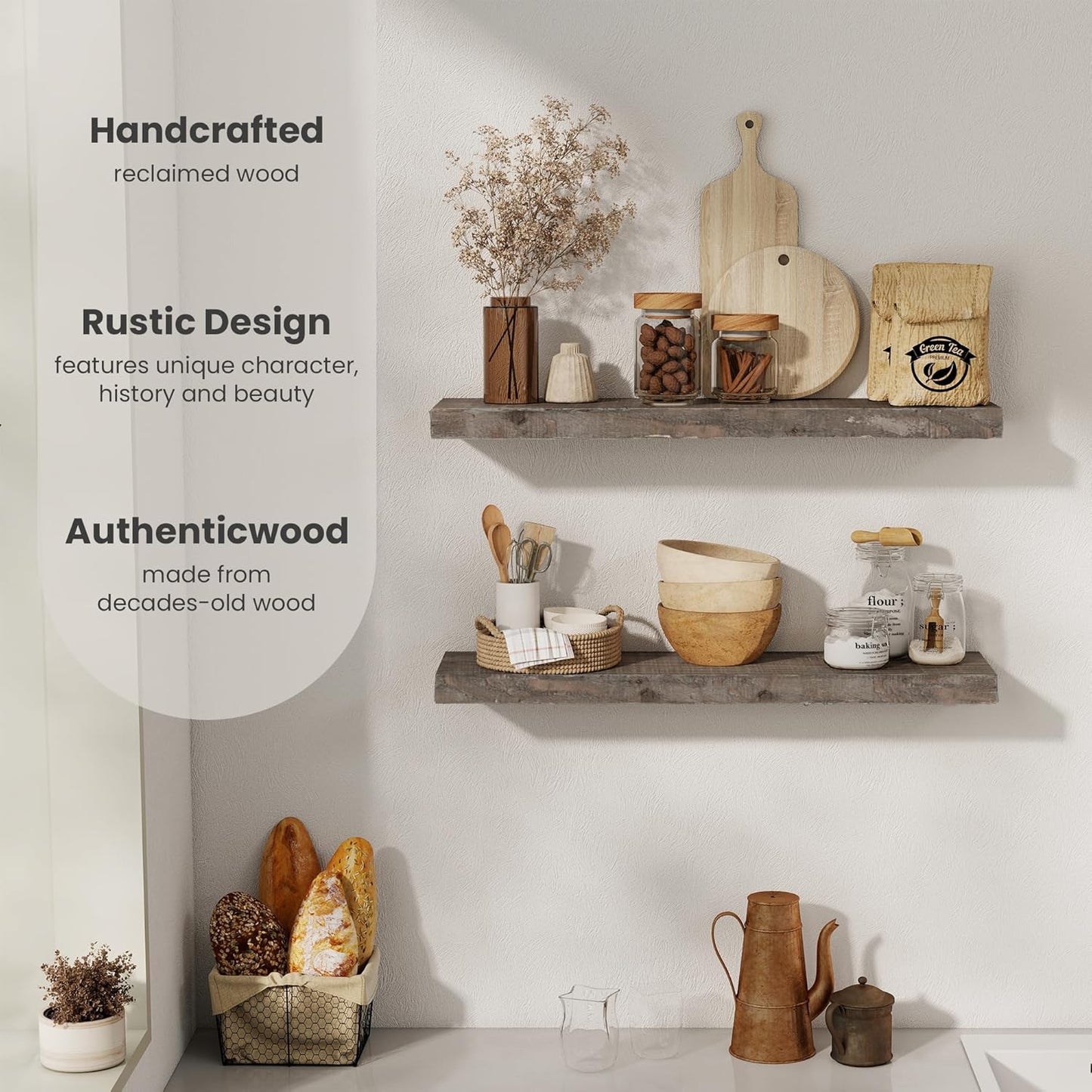 Floating Shelves, 8 Inch Deep Rustic Solid Reclaimed Wood Wall Shelves for Storage, Wall Mounted Display Shelving with Invisible Heavy-Duty Metal Bracket, 30 Inch Width Set of 2, Grey