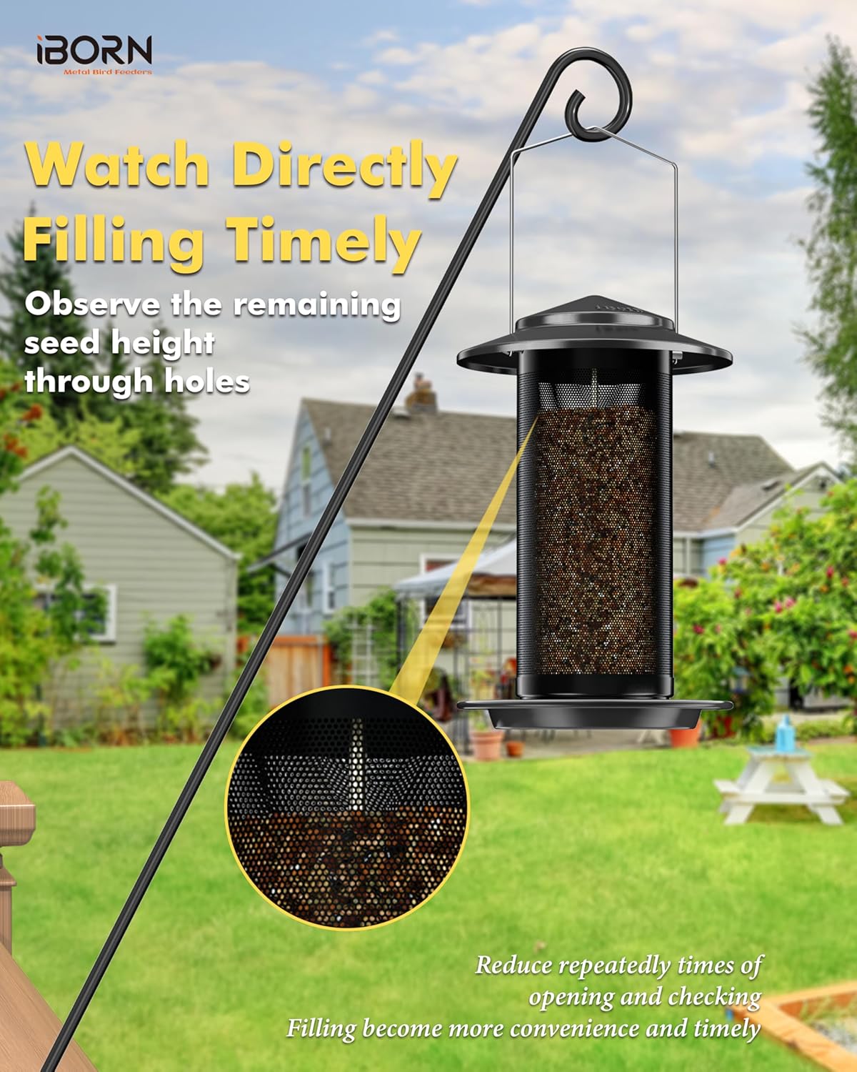 iBorn Bird Feeders for Outdoors, All Metal Mesh Tube, Holding Bird Seed for Outside Feeders,18cm Large Roof, Black, 2.8lb(Seed is not Included)