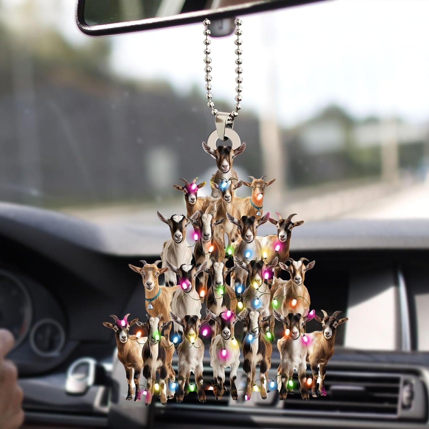 Talataca Goat 2D Flat Christmas Ornament, Goat Farm Animal Christmas Pine Tree Shape with String Light Pine Tree Decor, Hanging House Charm Eve Keepsake, Car Rear View Mirror Accessories, Xmas Gift