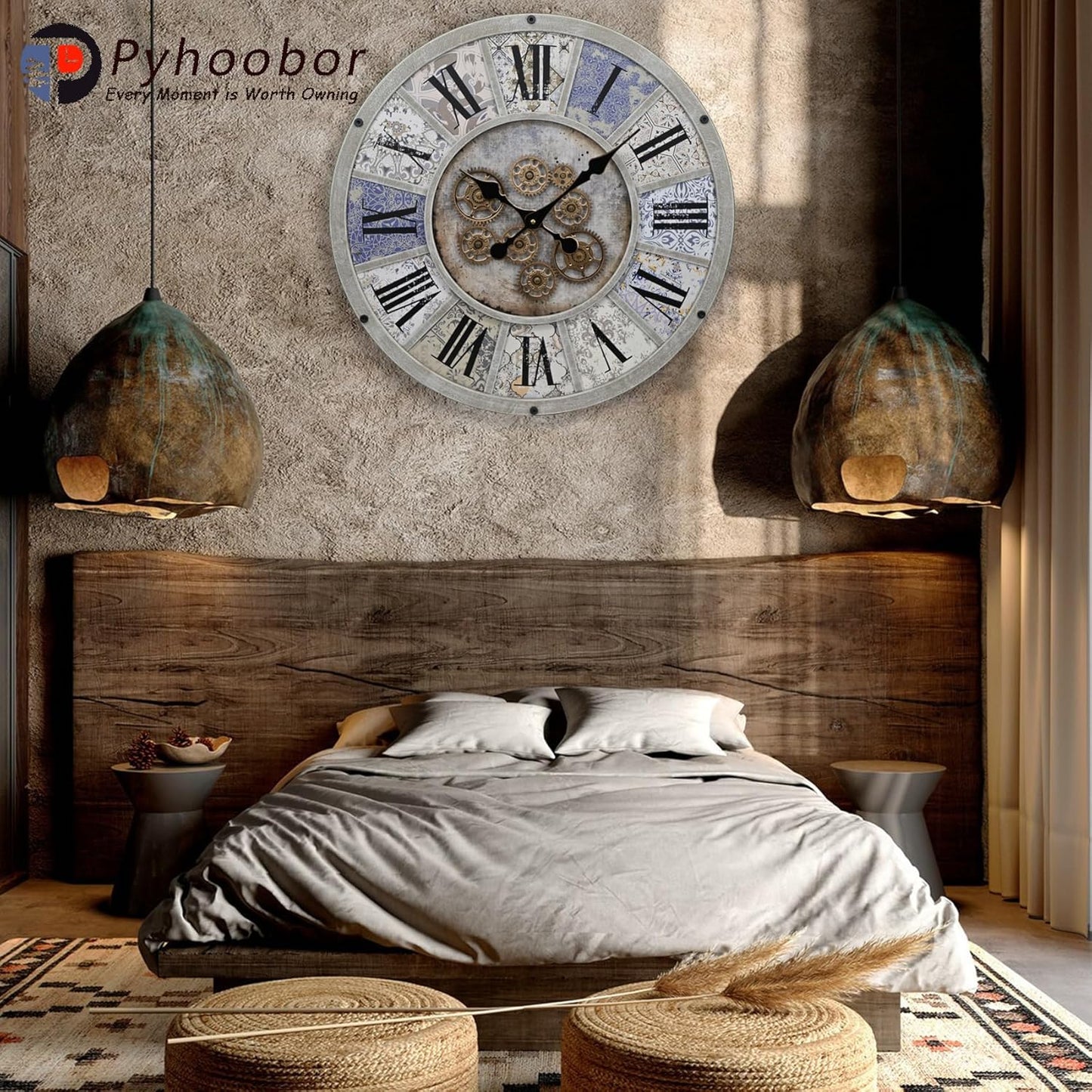 Unique Moving Gear Large Wall Clock 21inch-Battery Powered. Retro Industrial Steampunk Country Farmhouse Decor for The Living Room Kitchen Bars cafes Offices(whith/metal/21)