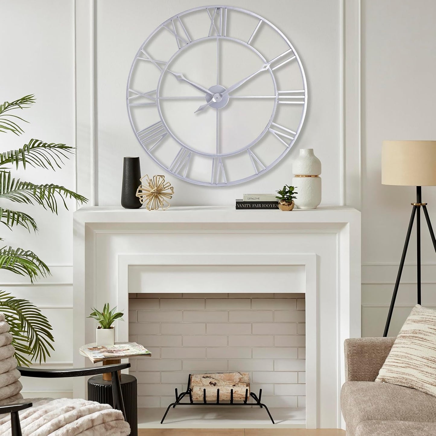 CLXEAST Large Modern 30 Inch Wall Clock Silver, Oversized Big Roman Numeral Metal Wall Clocks for Living Room Decor, Home Office