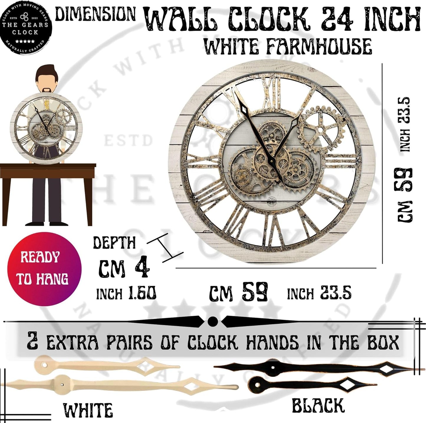The Gears Clock The Original Real Moving Gear Wall Clock Vintage Industrial Oversized Rustic Farmhouse (24 inch (60cm),White Farmhouse)