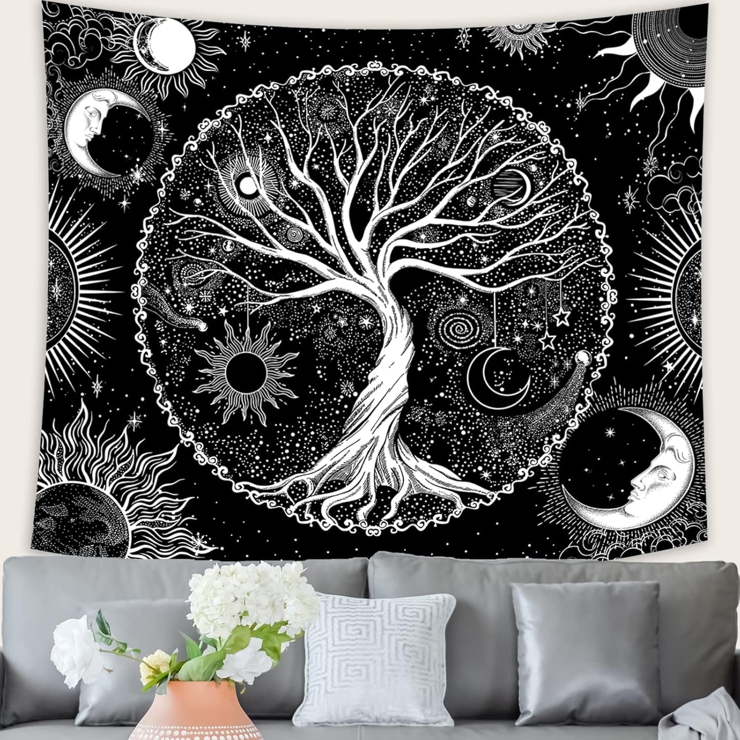 AACKart Tree of Life Tapestry for Bedroom Aesthetic Room Decor-Black and White Spiritual Tree Tapestry Wall Hanging with Sun Moon Star 59.1 x 51.2 inches