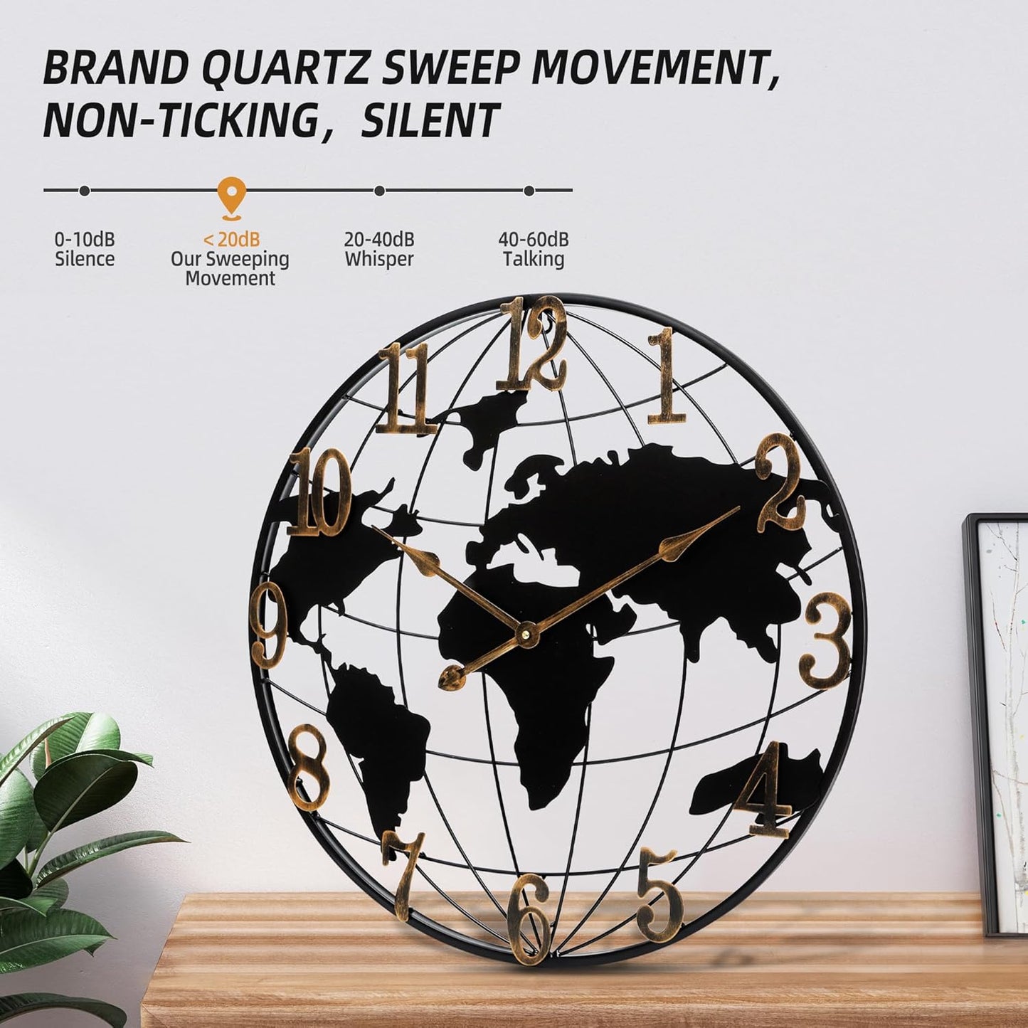 Large Wall Clock - 24 Inch World Map Minimalist Modern Round Metal Wall Clock Silent Non-Ticking Battery Operated Wall Clocks for Living Room Kitchen Office Farmhouse Home Decor