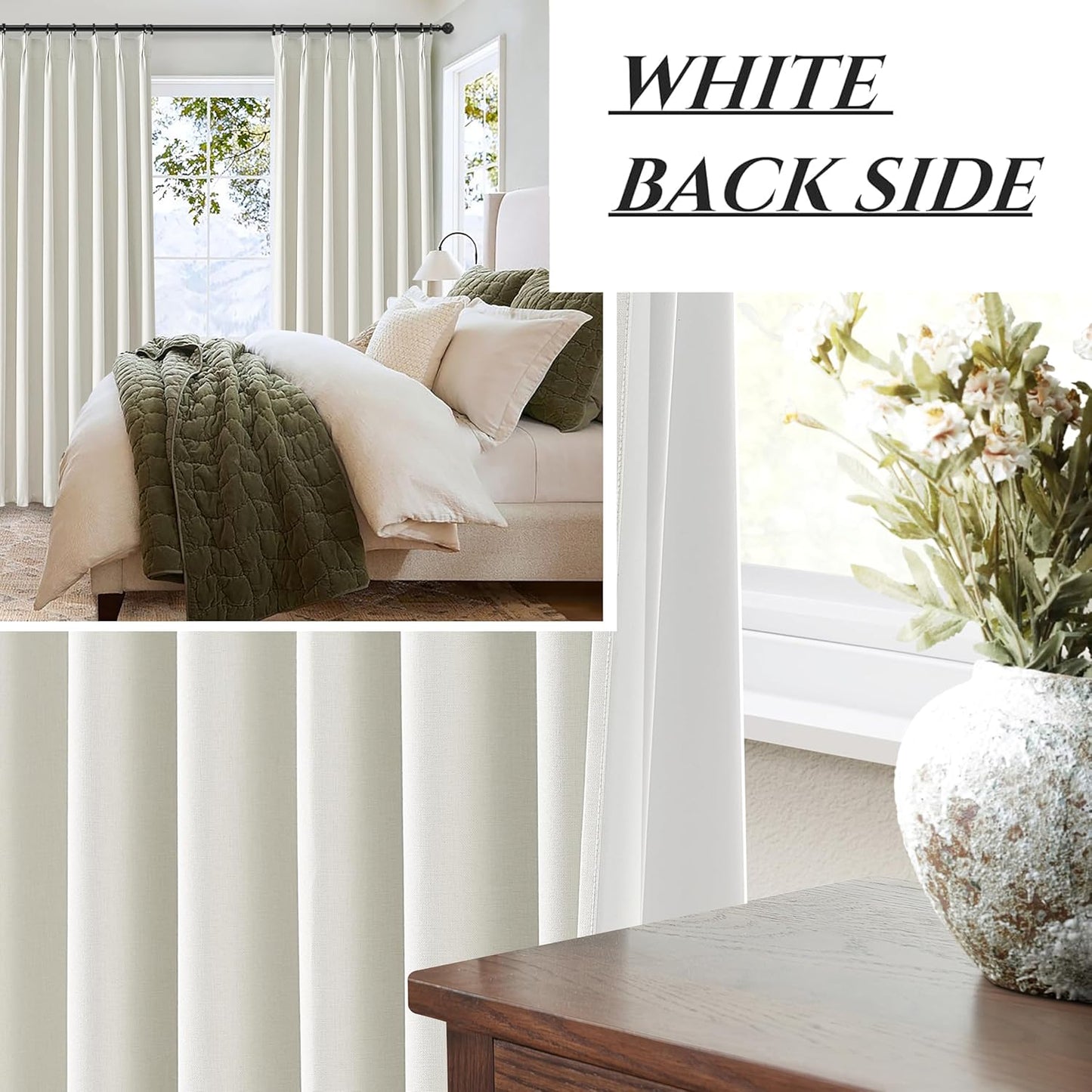 Beige White Pleated Room Darkening 100 Inch Curtains for Living Room, Neutral Thick Linen Blend Curtain Blackout Thermal Window Drapes with Hooks&Rings for Ceiling Track 40" Wx100 L 2 Panels
