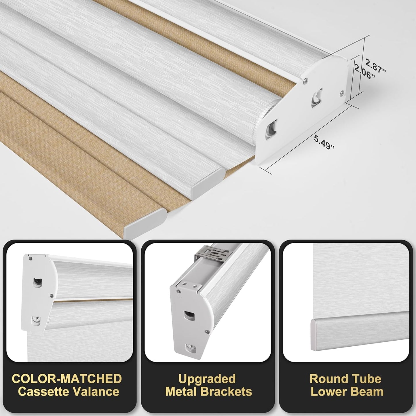 BERISSA Cordless Dual Roller Shades With Cassette Valance, Blackout and Light Filtering, Day and Night for Home Office Door - Linen Beige and White, 64 W x 48" H