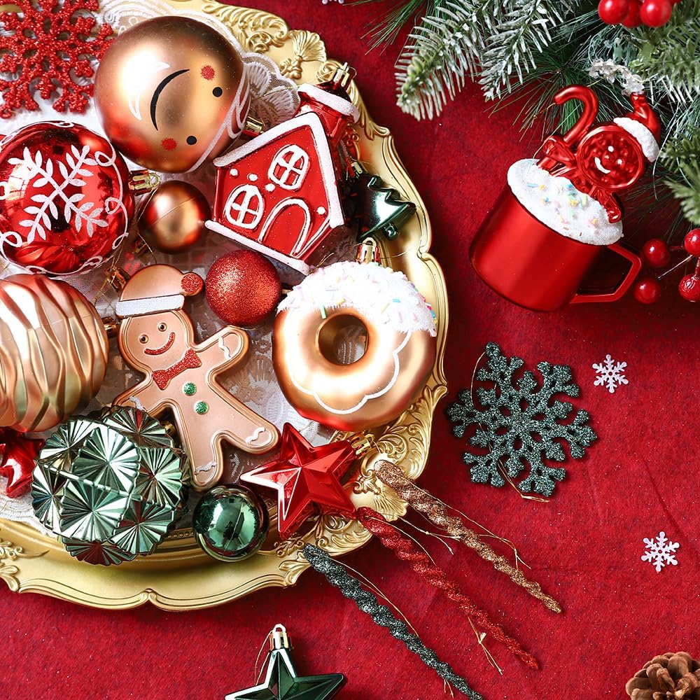 Gingerbread Man Christmas Tree Ball Ornaments Set - 72 ct Red Green Copper Gold Plastic Shatterproof Hanging Ornaments for Xmas Tree Indoor Outdoor Holiday Party Decorations