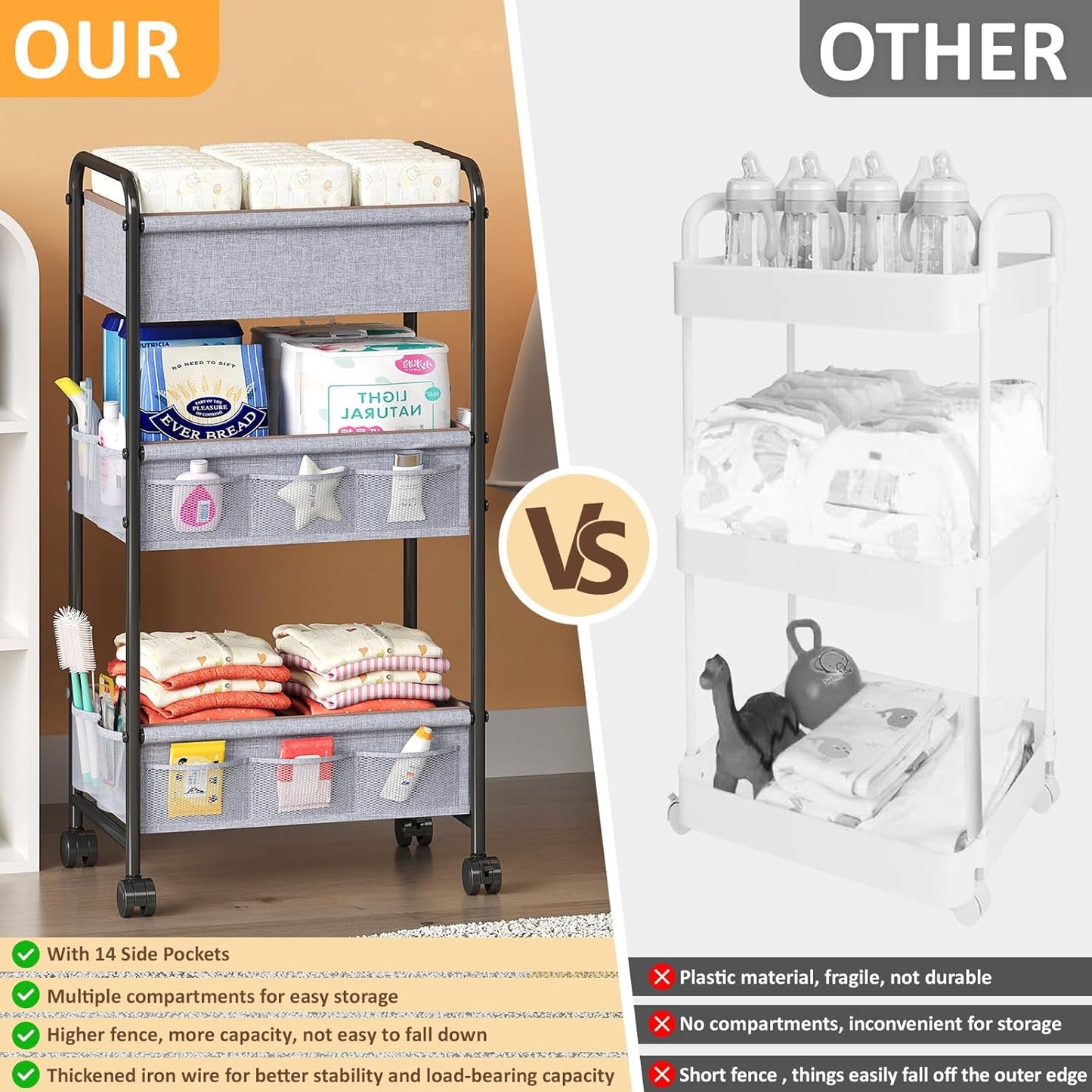 3-Tier Baby Diaper Caddy Cart Organizer with 2 Dividers & 14 Mesh Pockets - Black Mobile Nursery Storage Cart with Wheels, Durable Metal Utility Cart for Nursery, Bedroom, Baby Essentials Organization