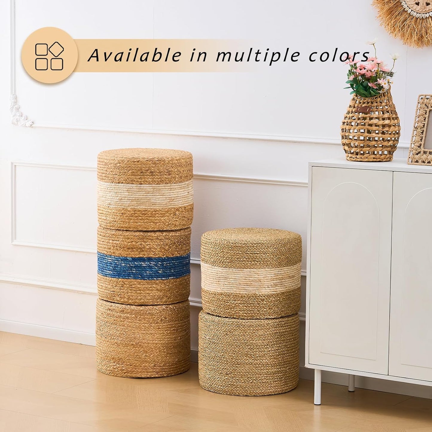 Handwoven Water Hyacinth Ottoman Pouf, Round Outdoor Footstool with Sturdy Frame, No Assembly Needed, Boho Accent Stool for Indoor & Outdoor Use – Patio, Balcony, Living Room (Natural)