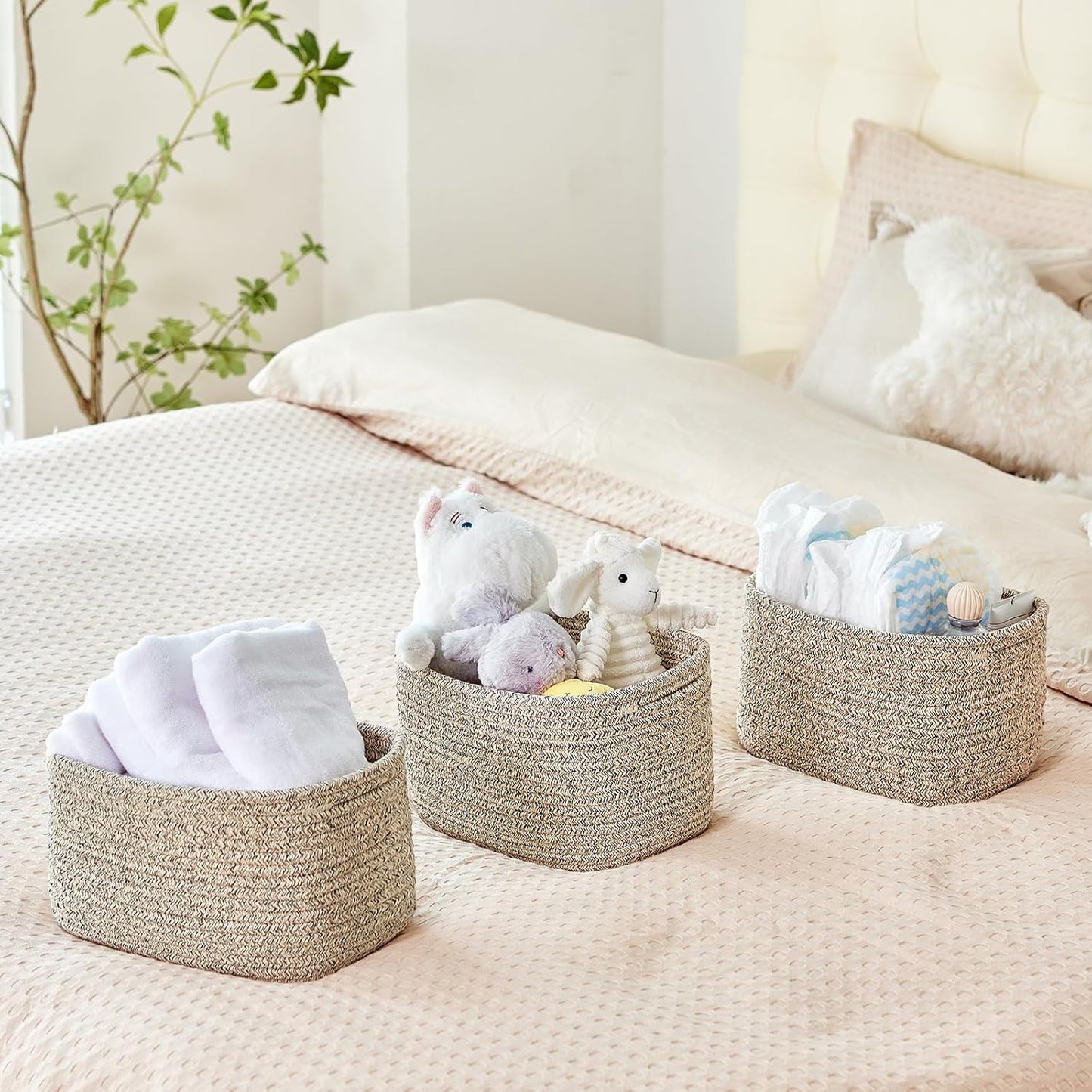 Small Cotton Rope Storage Basket Set of 3-11"x7"x7" Perfect Woven Baskets for Storage, Ideal Storage Baskets for Organizing Toys, Towels, and More - Baskets for Shelves and Home Decor(Beige)