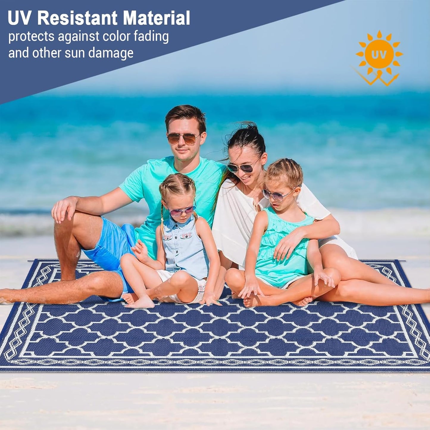 GAOMON Outdoor Rug for Patio 5'x8' Reversible Plastic Rugs Camping Mat for Outdoor, RV, Backyard, Deck, Balcony, Picnic, Beach, Navy/White(Geometric)