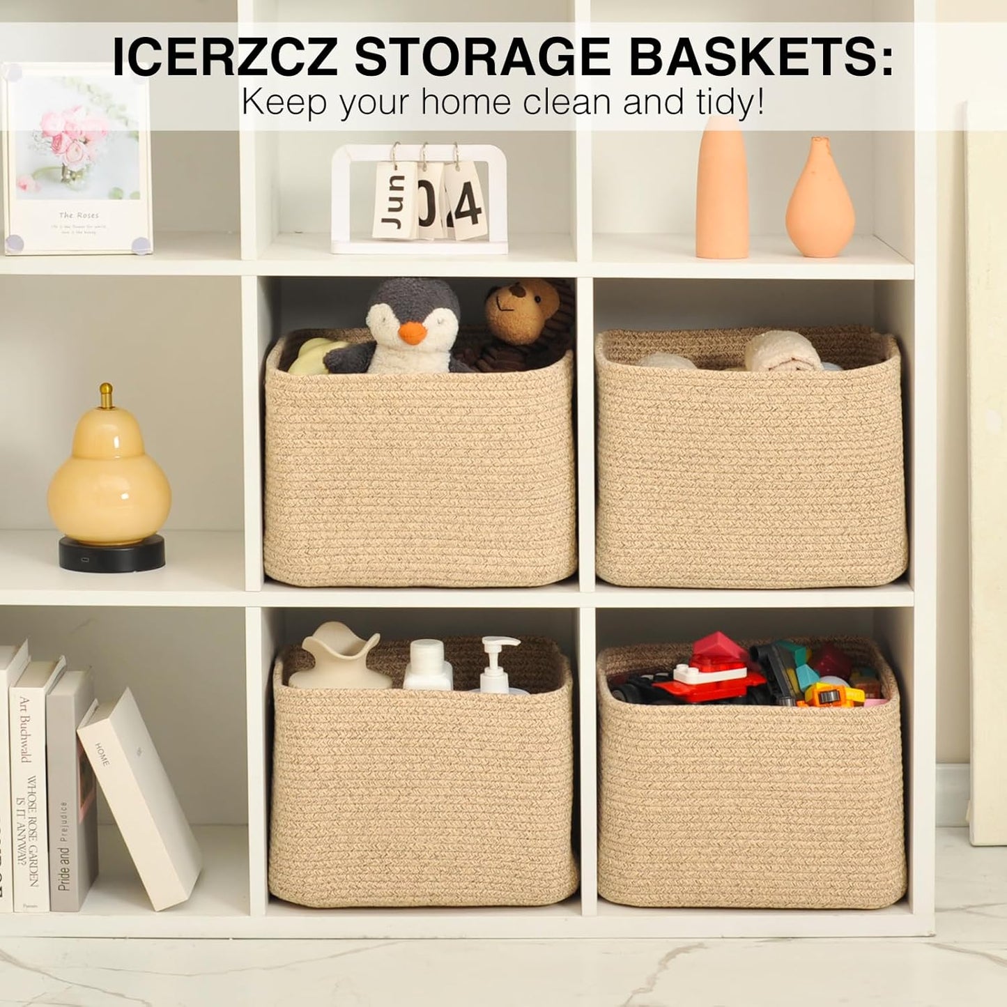 Storage Baskets for Organizing & Shelves, Woven Cotton Rope Organization Bins for Dog Toys, Clothes, Books, Nursery Organizer, 15" Lx11''Wx9.5''H, (4 Packs) Brown