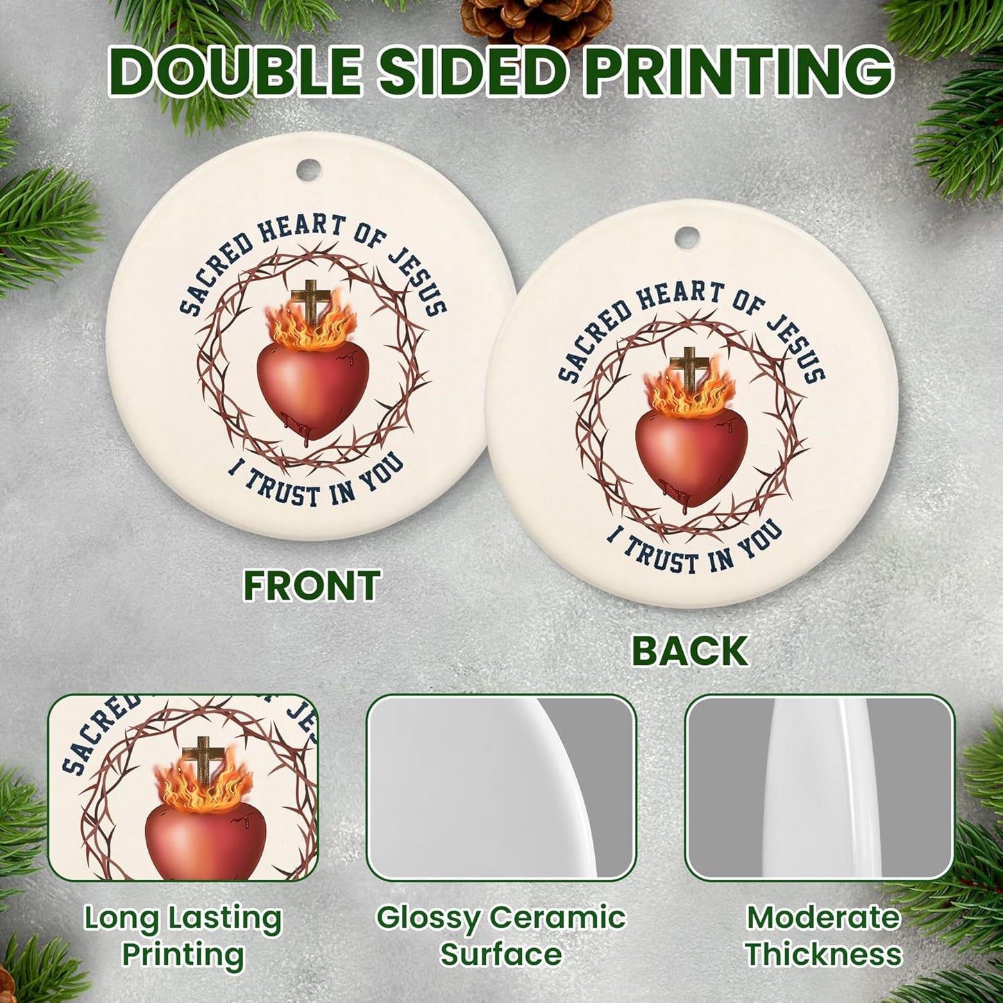 FLAGWIX Christian Gifts for Women Men - Sacred Heart Ceramic Christmas Ornaments 2025 for Tree Decorations - Religious Gifts for Women, Religious Christmas Ornaments, Spiritual Christian Gift Ideas