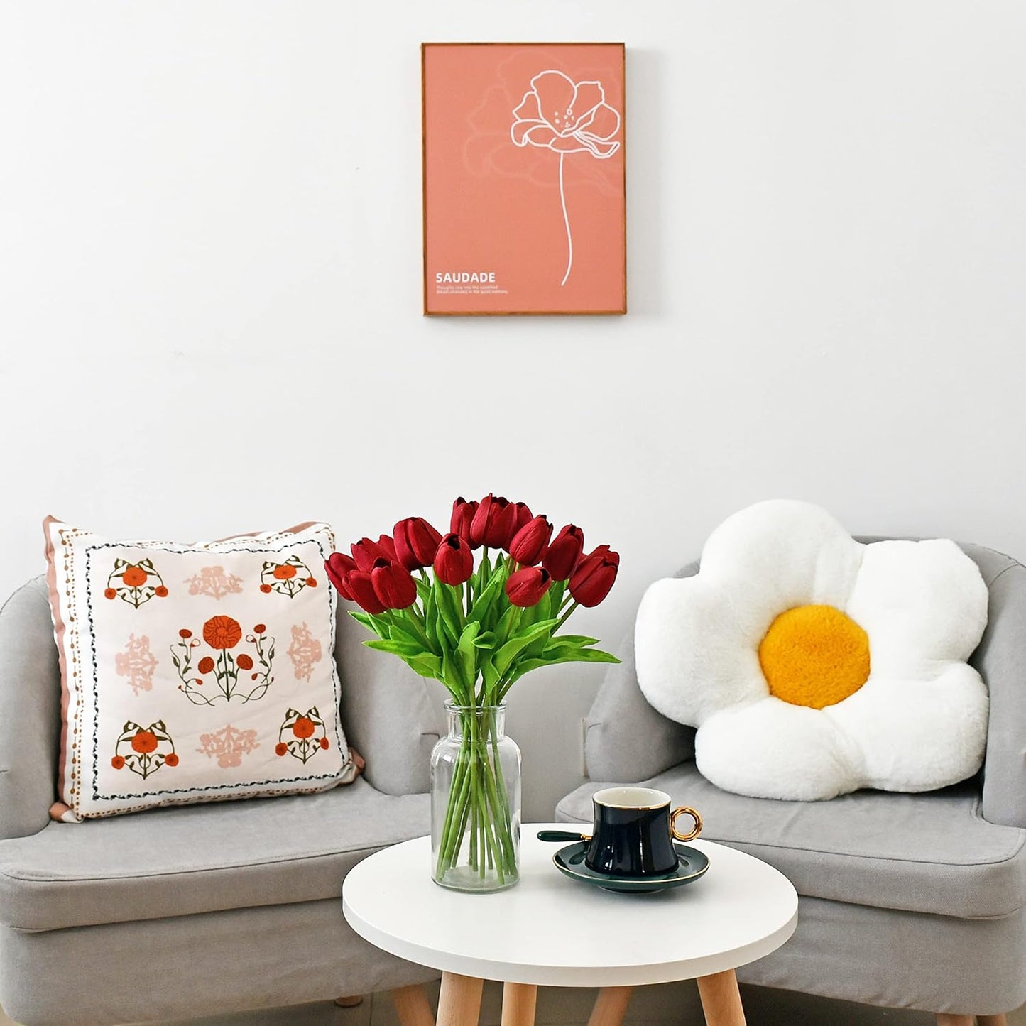 Mandy's Artificial Tulips 20 Stems Burgundy PU Faux Flowers for Wedding Home Decor 13.5 Inch