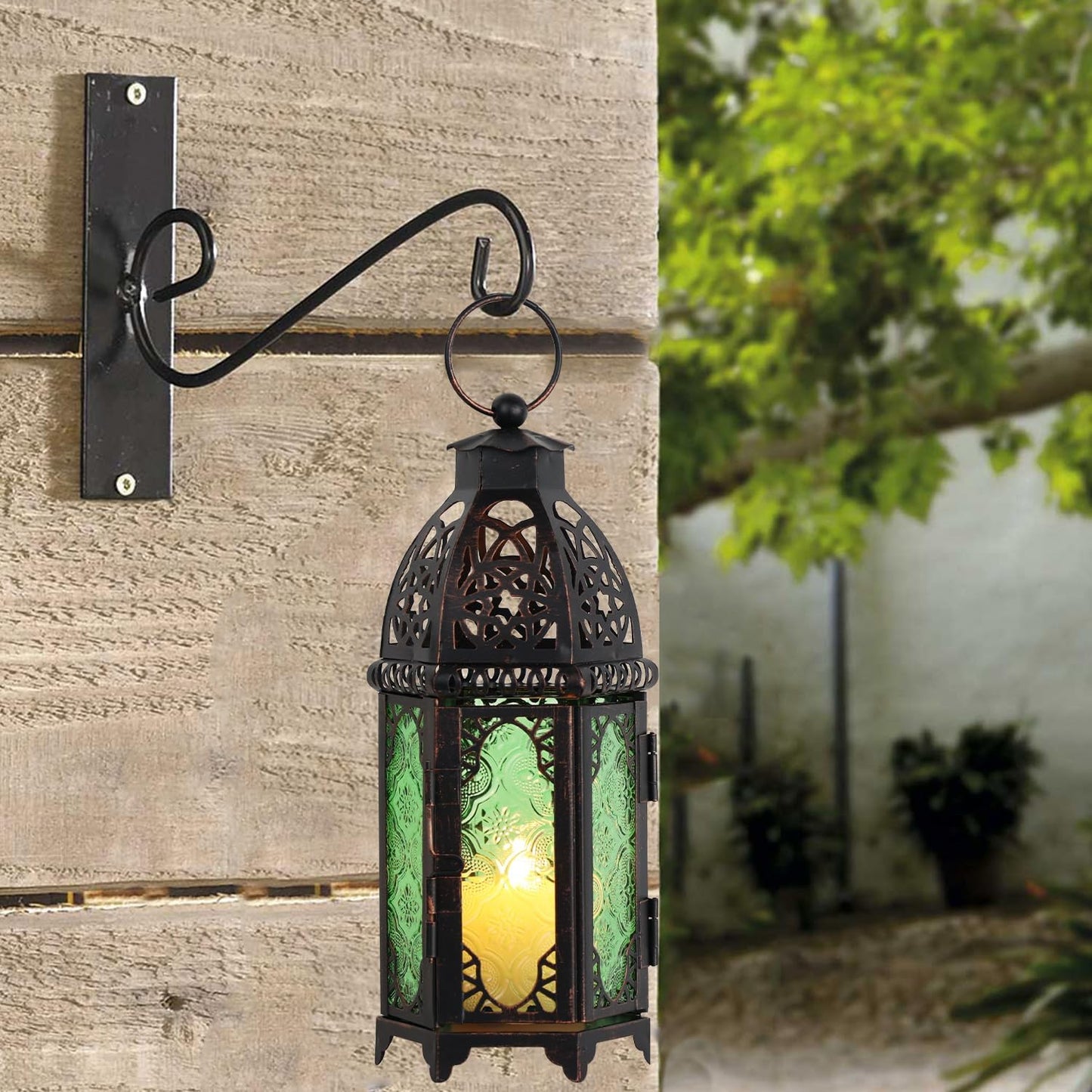 NEEDOMO Hanging Moroccan Lantern, 11'' Vintage Candle Holder, Metal Lanterns Decorative Indoor Outdoor, Table, Patio, Porch, Shelf, Gothic Home Decor (Green, Medium Size)